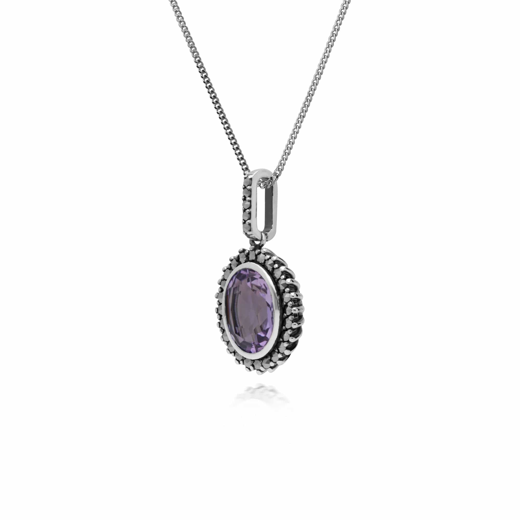 214P301402925 Gemondo Sterling Silver Amethyst & Marcasite Oval Pendant with 45cm Chain 2