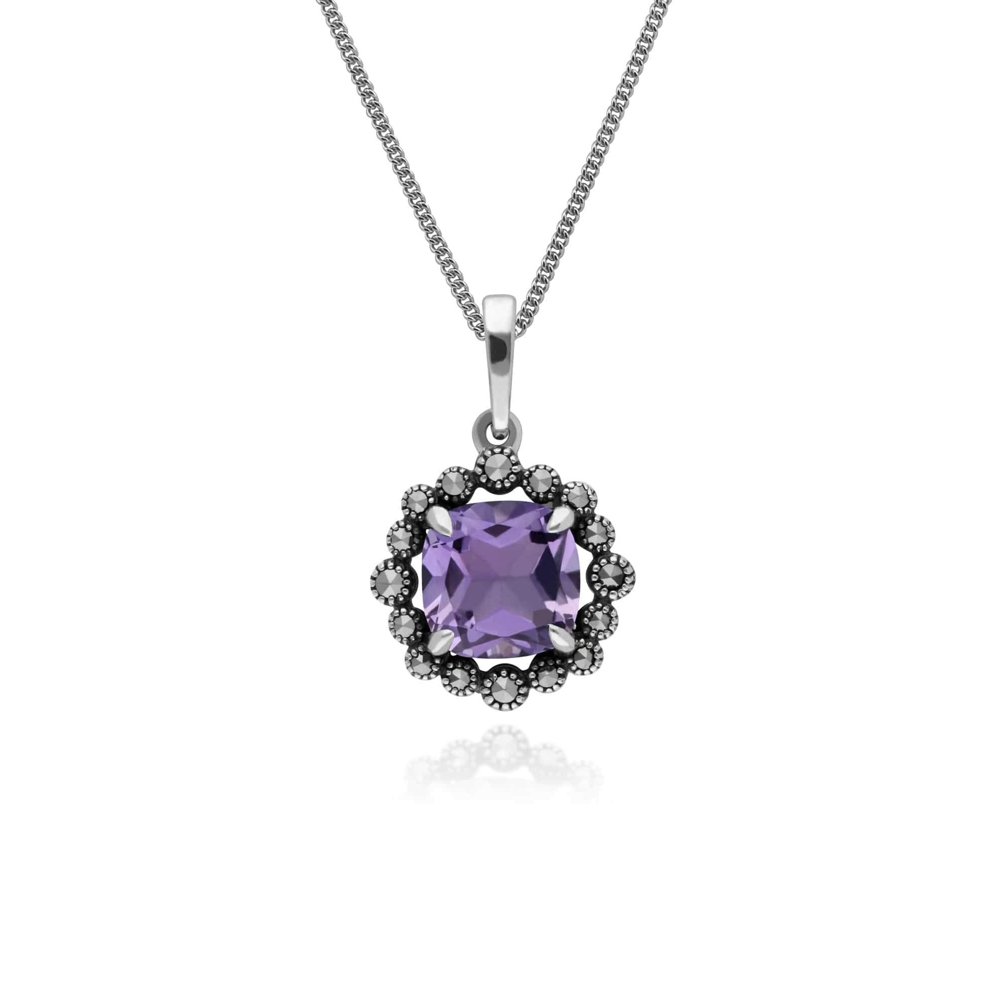 214E870902925-214P301501925 Art Deco Style Cushion Amethyst & Marcasite Cushion Drop Earrings & Necklace Set in 925 Sterling Silver 3