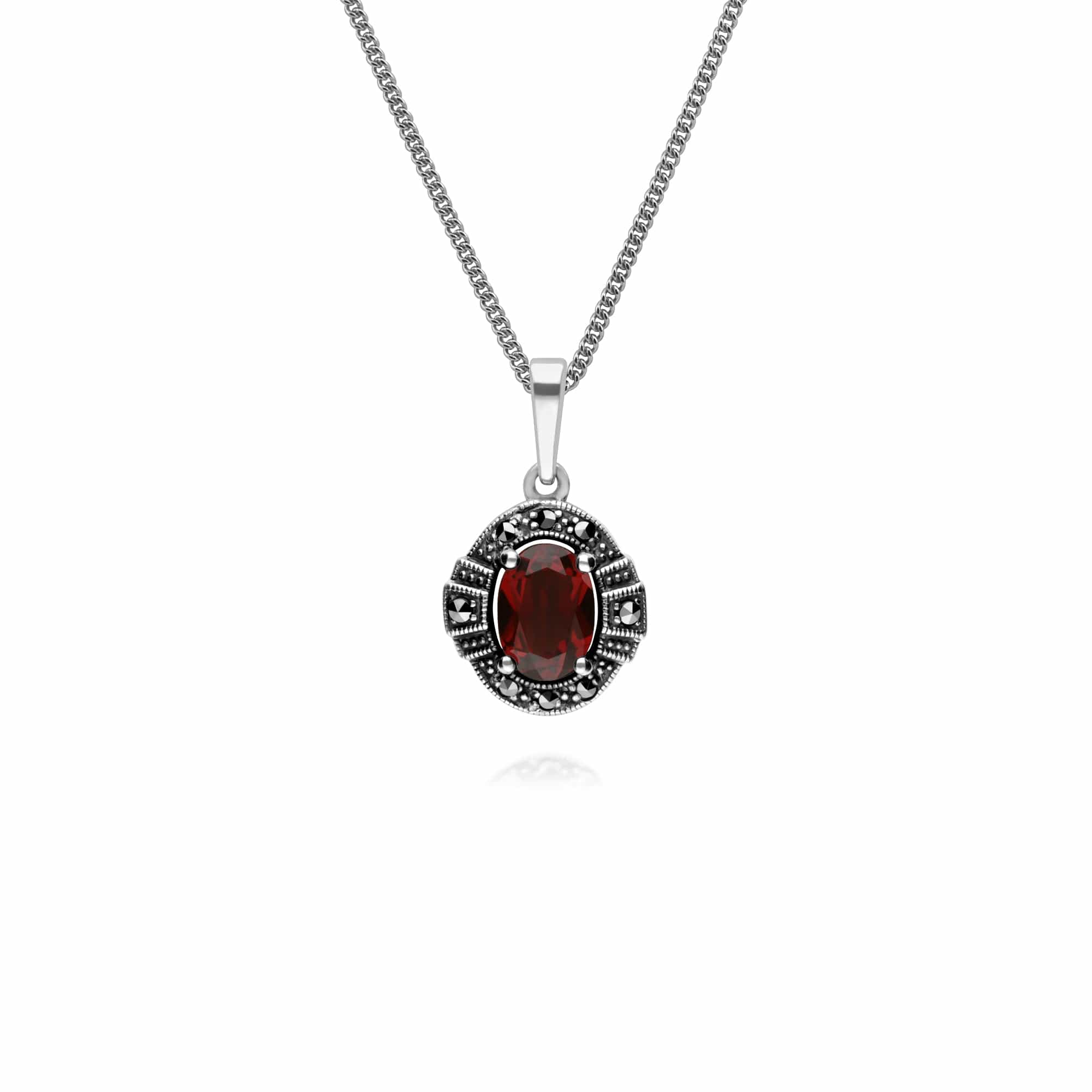 214E873003925-214P303303925 Art Deco Style Oval Garnet and Marcasite Cluster Stud Earrings & Pendant Set in 925 Sterling Silver 3