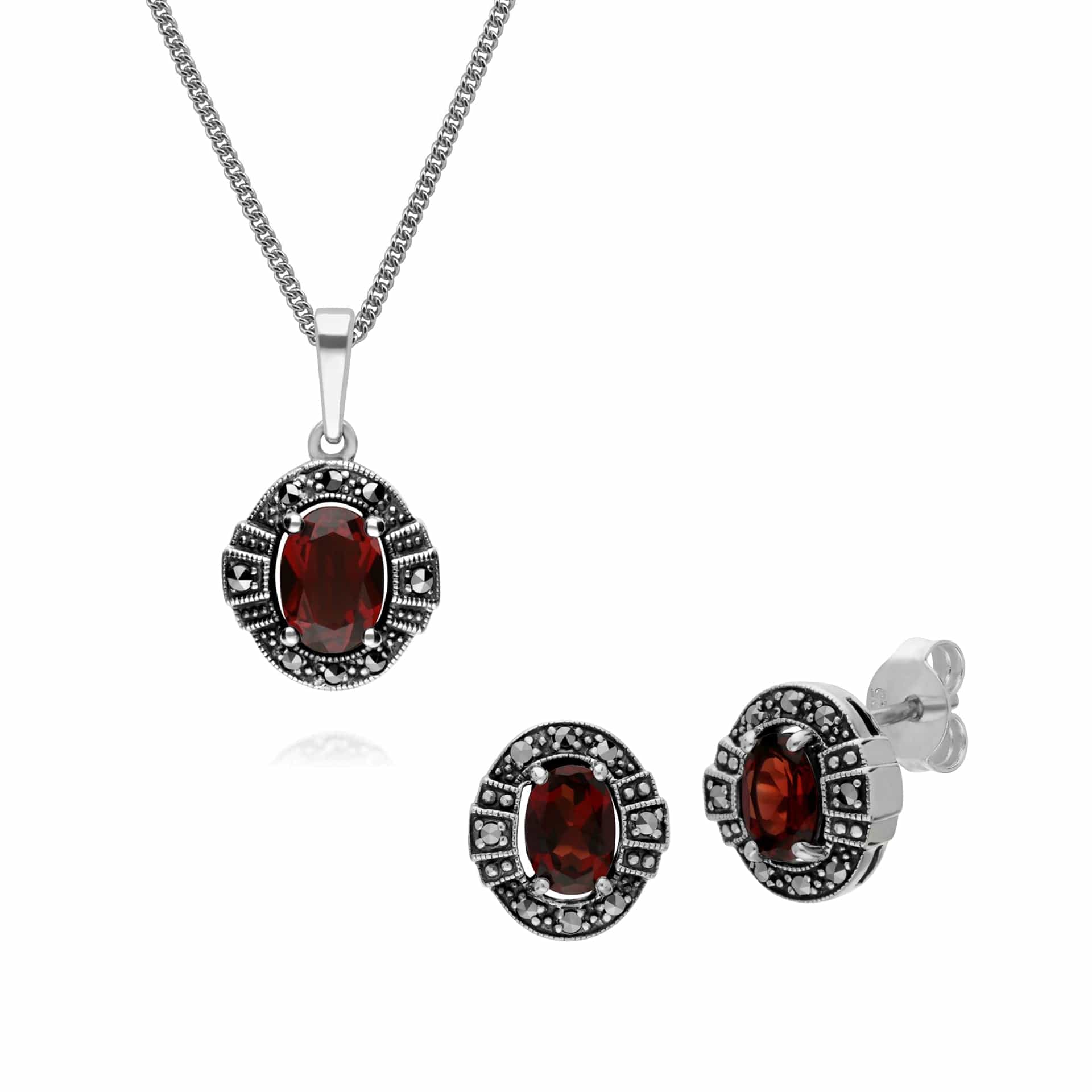 214E873003925-214P303303925 Art Deco Style Oval Garnet and Marcasite Cluster Stud Earrings & Pendant Set in 925 Sterling Silver 1