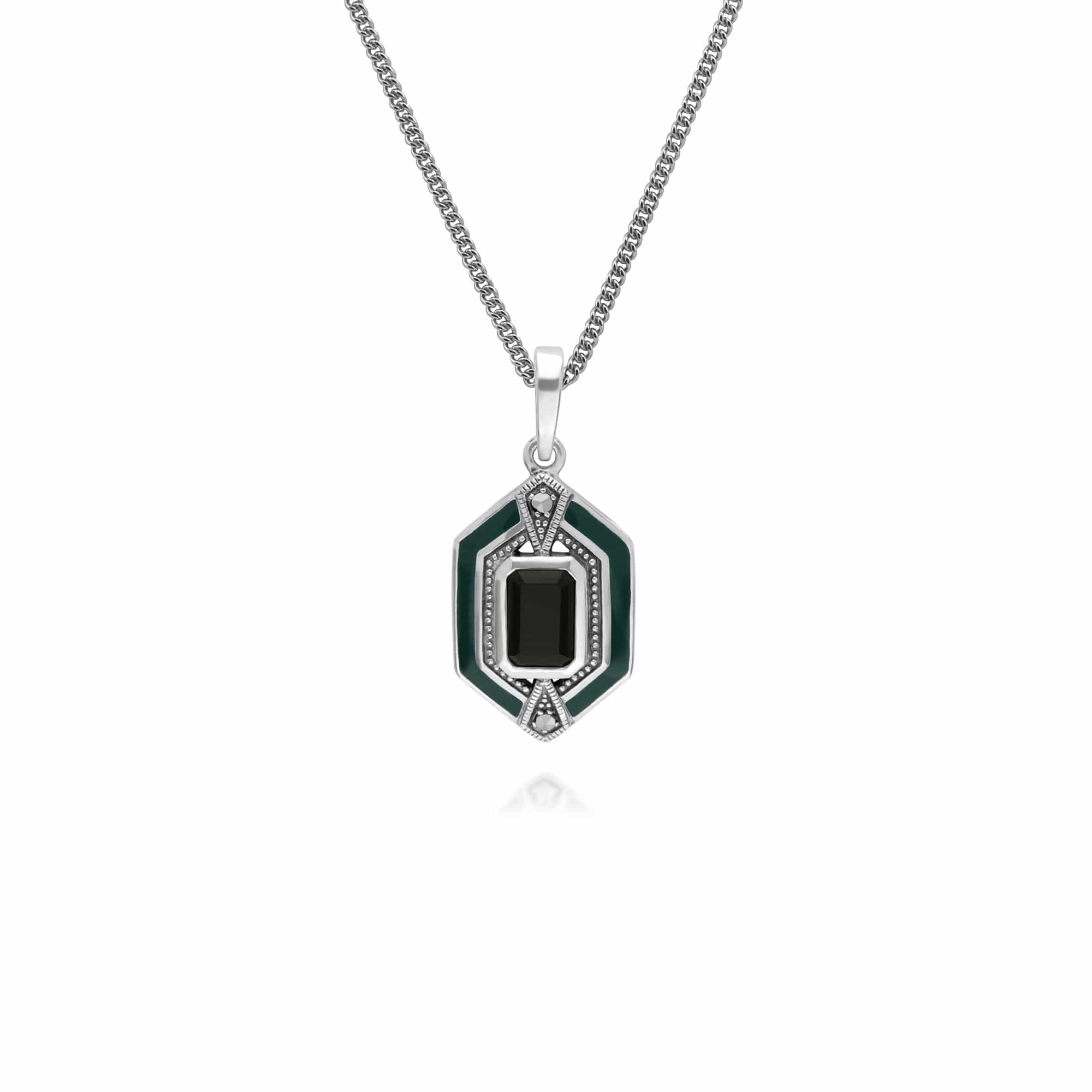 214P303401925-214R602604925 Art Deco Style Black Onyx, Marcasite & Green Enamel Hexagon Ring & Pendant Set in 925 Sterling Silver 2