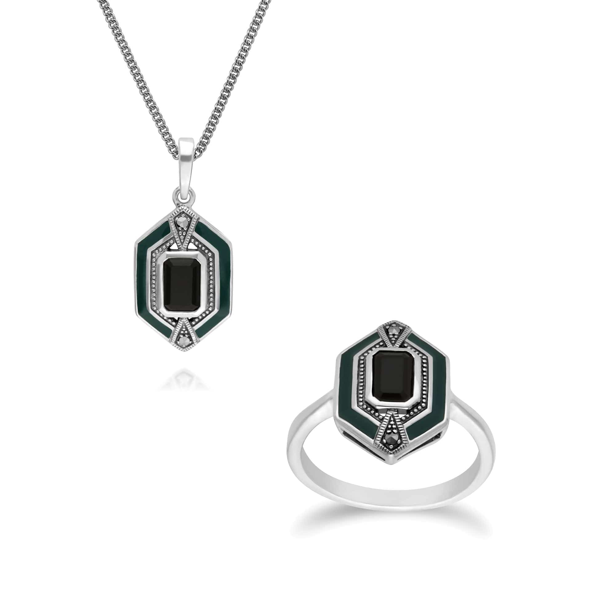 214P303401925-214R602604925 Art Deco Style Black Onyx, Marcasite & Green Enamel Hexagon Ring & Pendant Set in 925 Sterling Silver 1