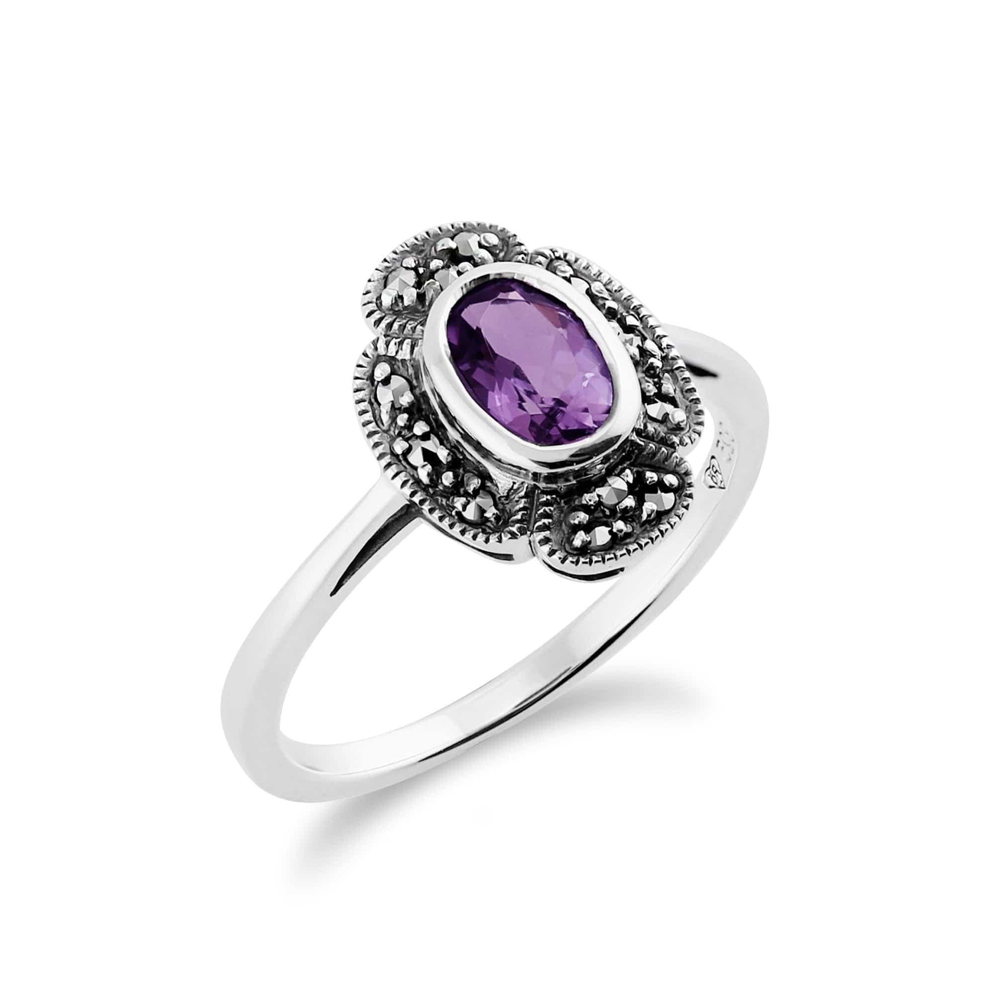 214R000201925 Art Deco Style Oval Amethyst & Marcasite Ring in 925 Sterling Silver 2