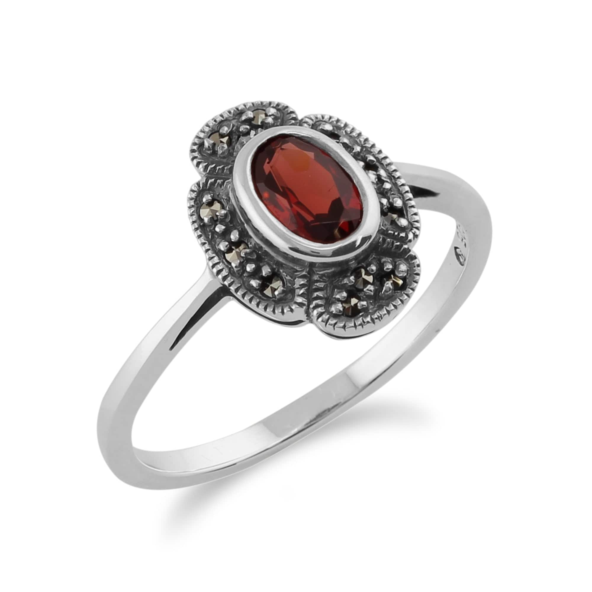 214R000222925 Art Deco Style Oval Garnet & Marcasite Ring in 925 Sterling Silver 2