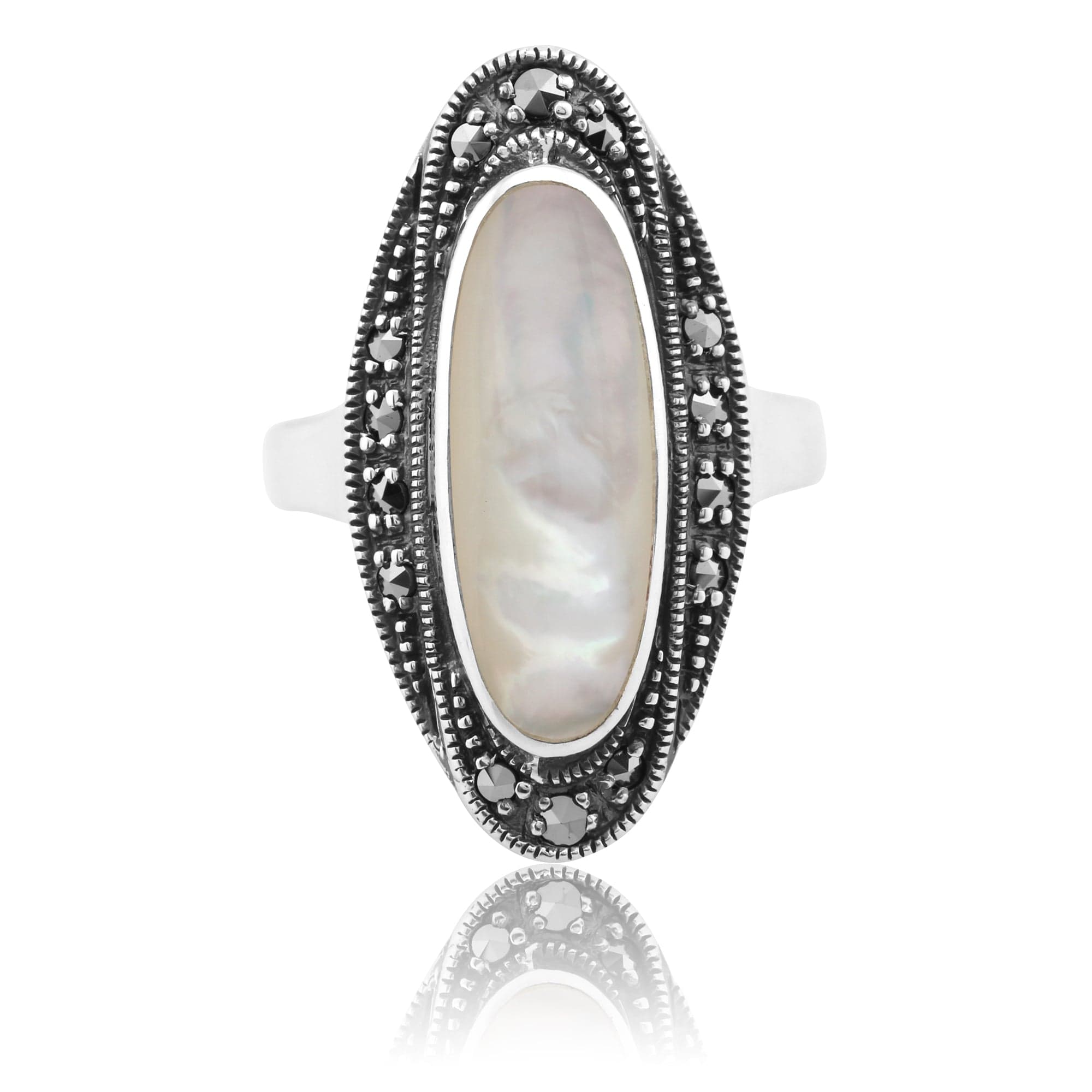 214R016103925 Art Deco Style Mother of Pearl Cabochon & Marcasite Ring in 925 Sterling Silver  2
