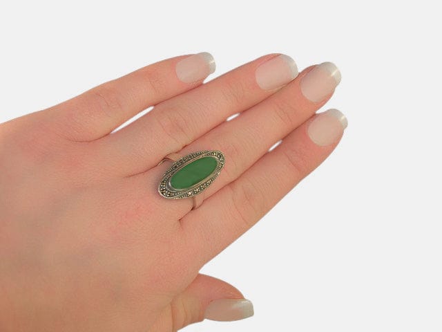 27094 Art Deco Style Oval Green Chalcedony & Marcasite Cocktail Ring in 925 Sterling Silver 2