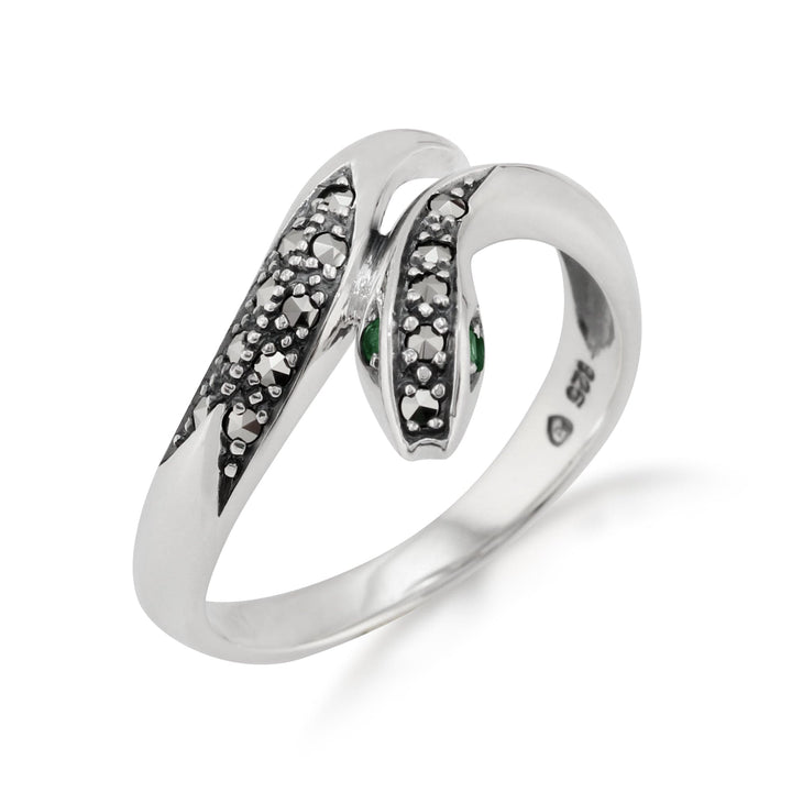 Art Nouveau Style Round Emerald & Marcasite Snake Ring in 925 Sterling Silver - Gemondo
