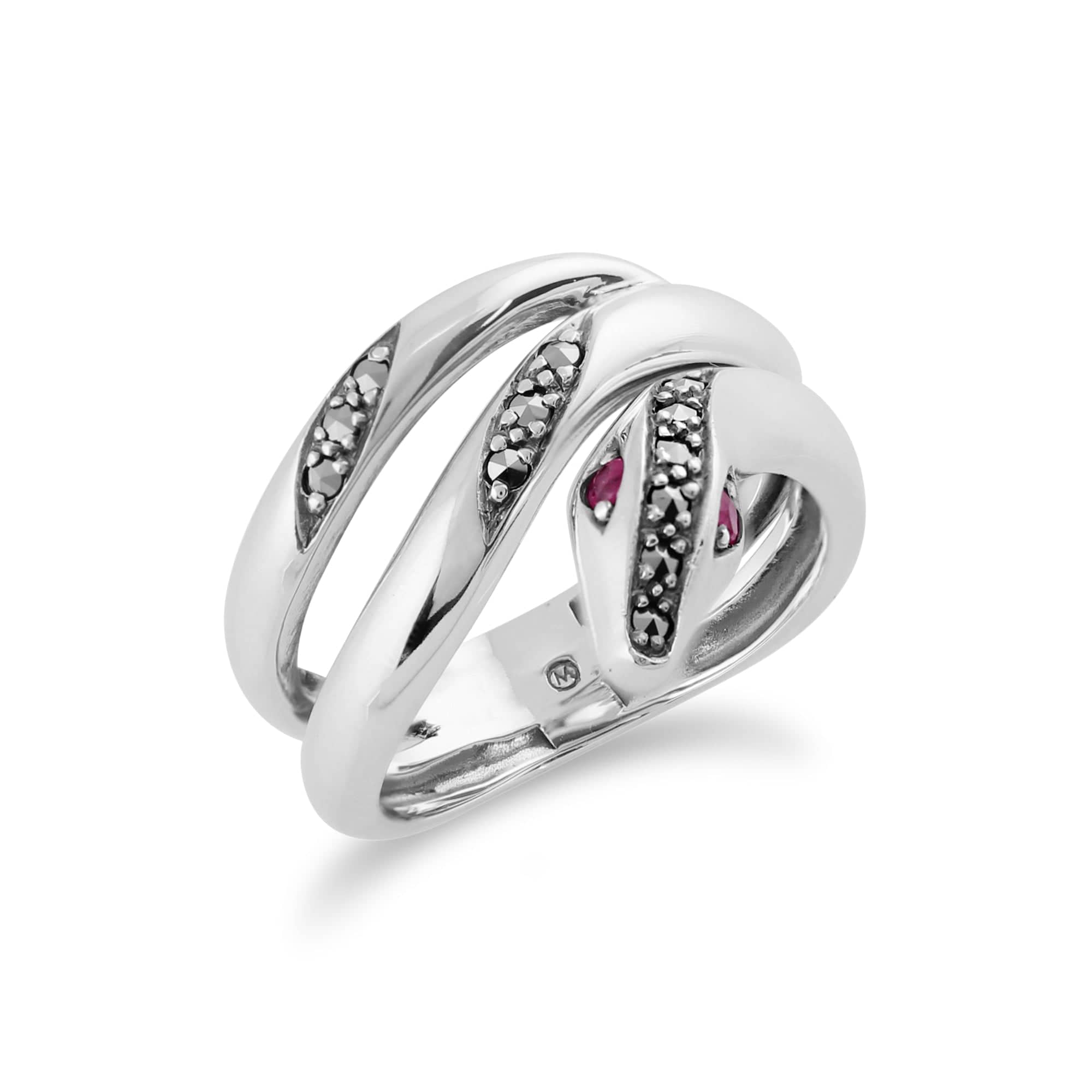 214R035501925 Art Nouveau Style Round Ruby & Marcasite Snake Ring in 925 Sterling Silver 2