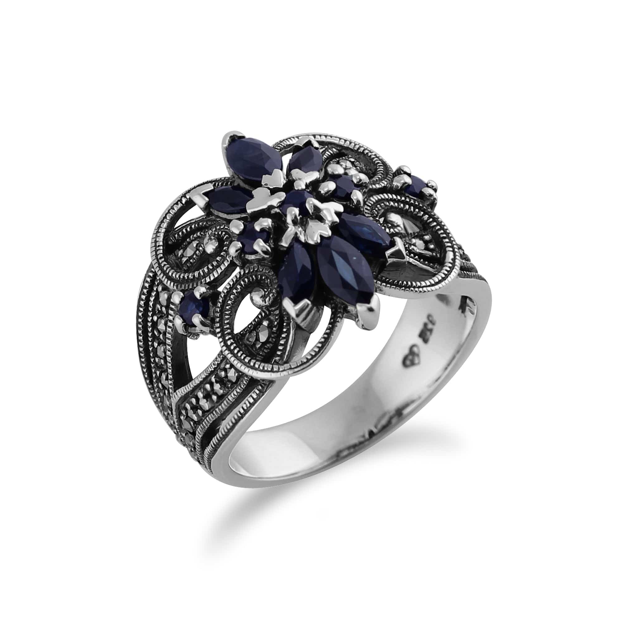 214R254009925 Art Nouveau Style Marquise Sapphire & Marcasite Floral Cocktail Ring in 925 Sterling Silver 2