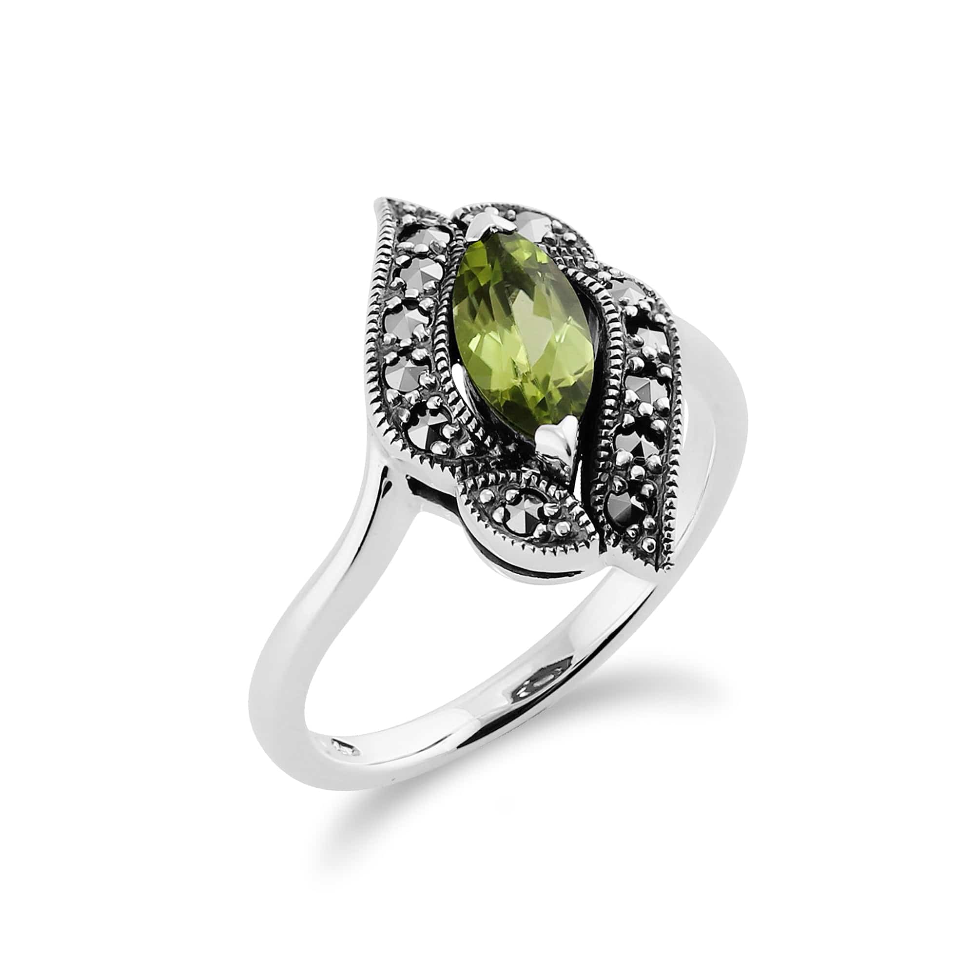 Art Nouveau Style Marquise Peridot & Marcasite Silver Ring - Gemondo