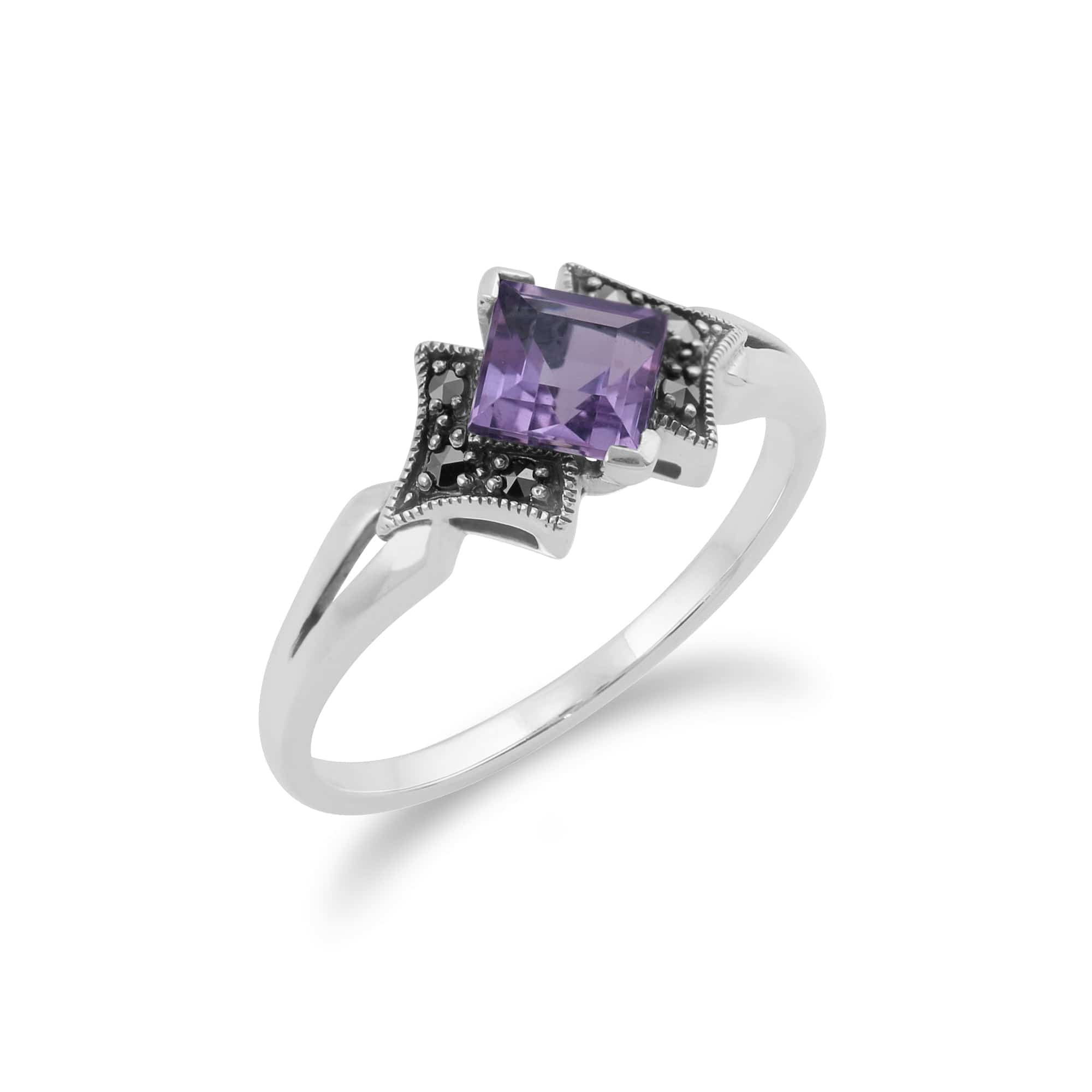 214R393303925 Art Deco Style Square Amethyst & Marcasite Ring in 925 Sterling Silver 2