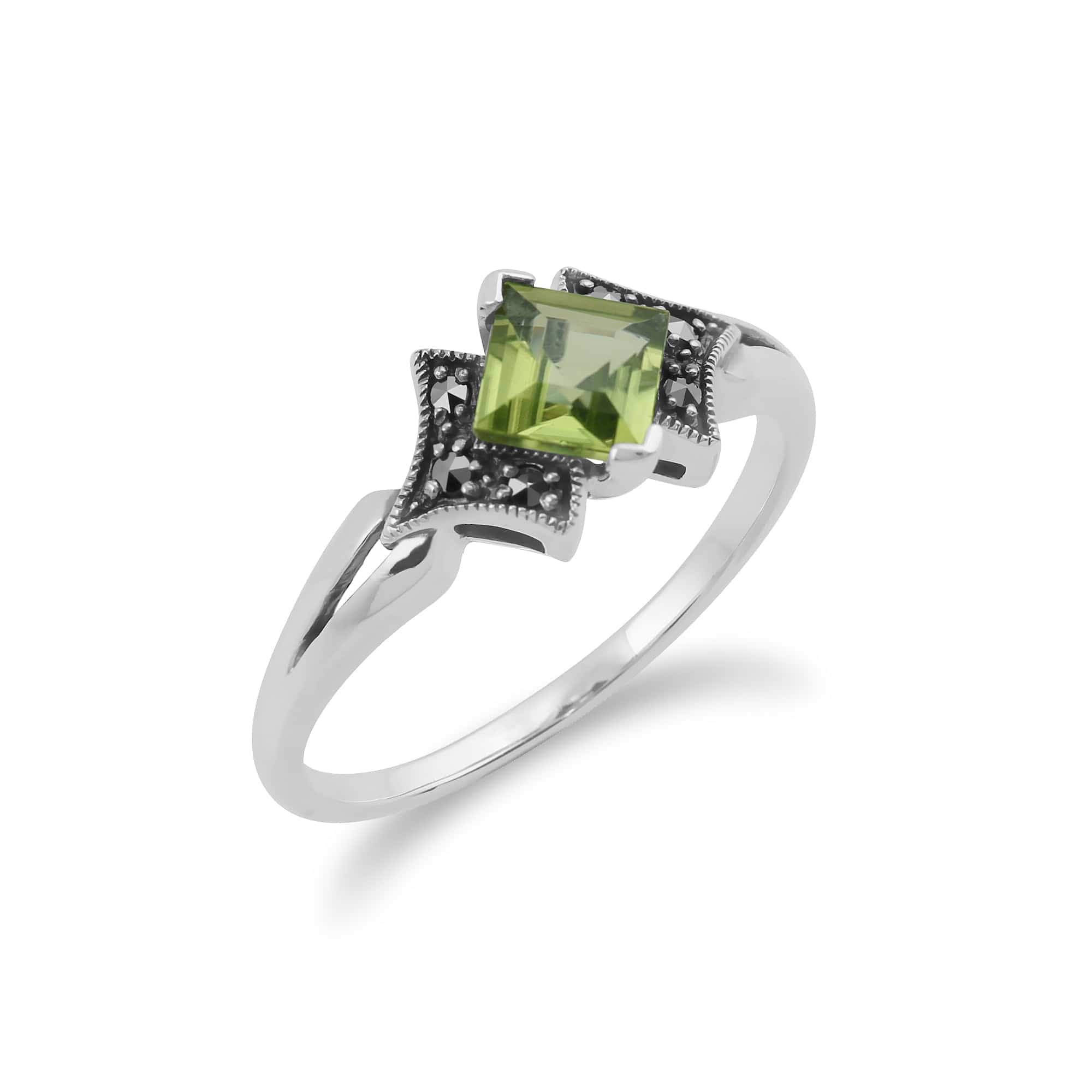 214R393304925 Art Deco Style Square Peridot & Marcasite Ring in 925 Sterling Silver 2