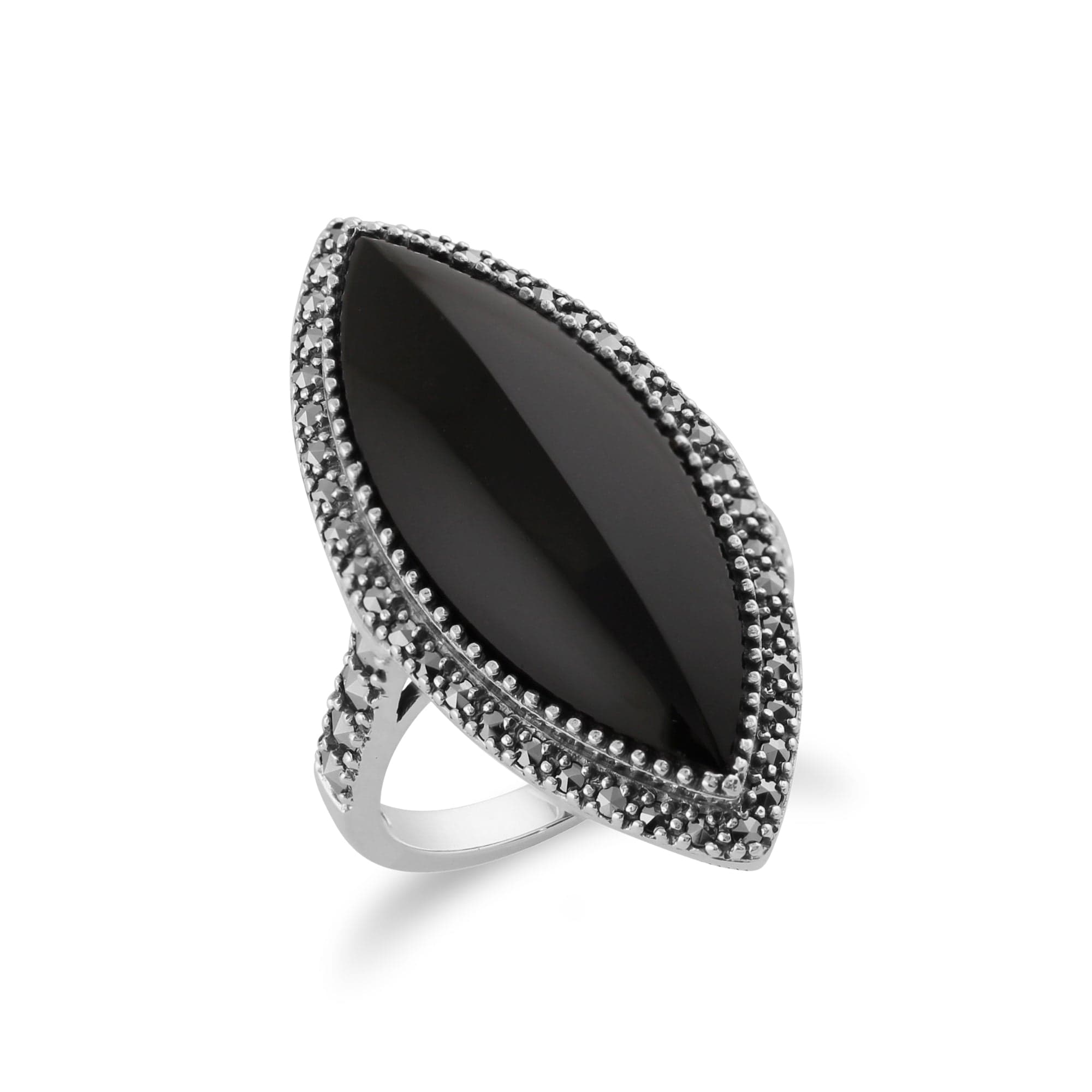 214R394101925 Art Deco Style Marquise Black Onyx & Marcasite Statement Ring in 925 Sterling Silver 2