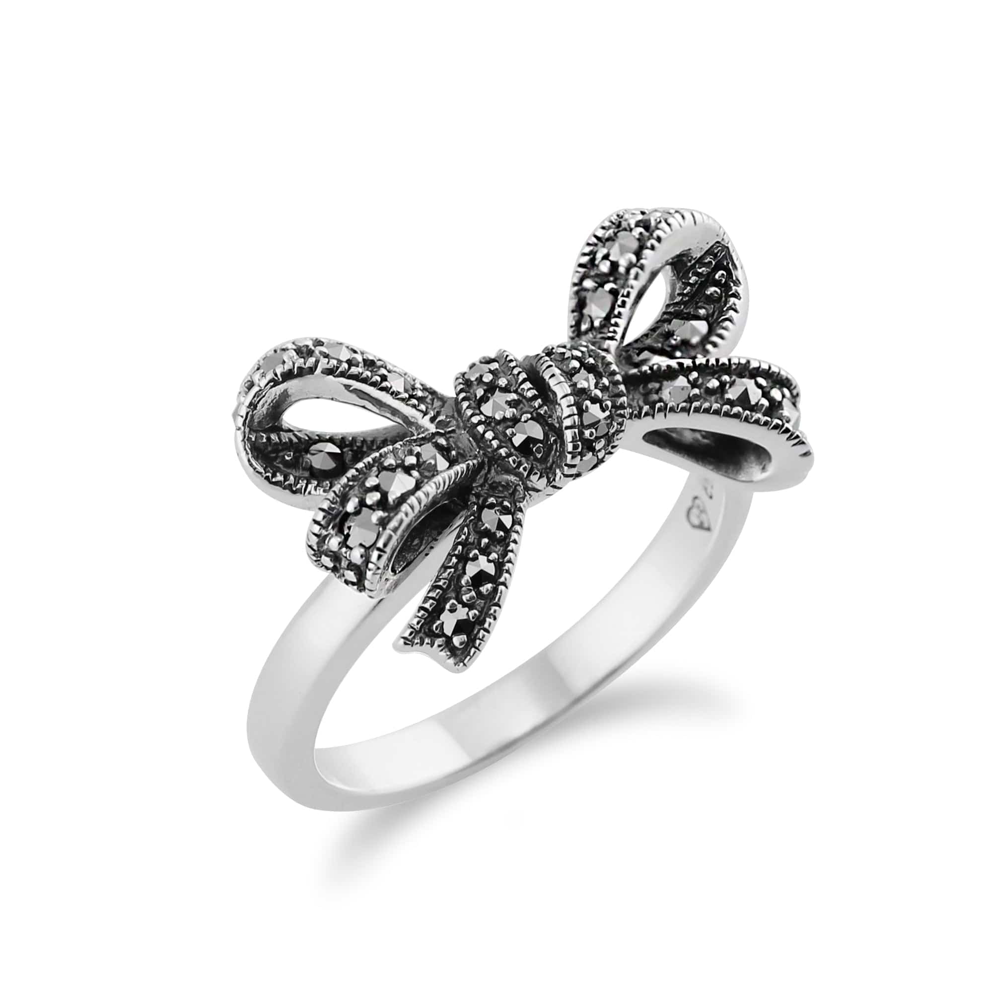 214R417701925 Art Nouveau Style Marcasite Ribbon Bow Ring in 925 Sterling Silver 2