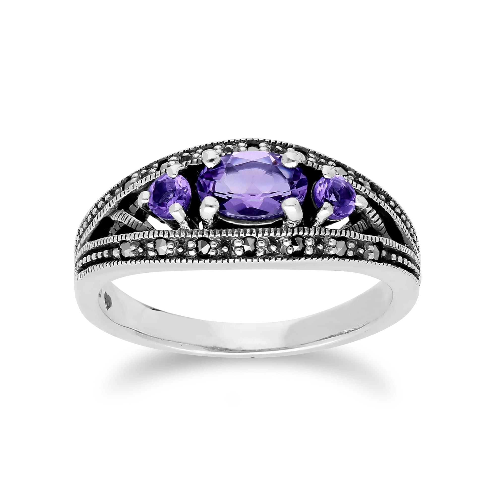 214R424001925 Art Deco Style Oval Amethyst & Marcasite Three Stone Ring in 925 Sterling Silver 1