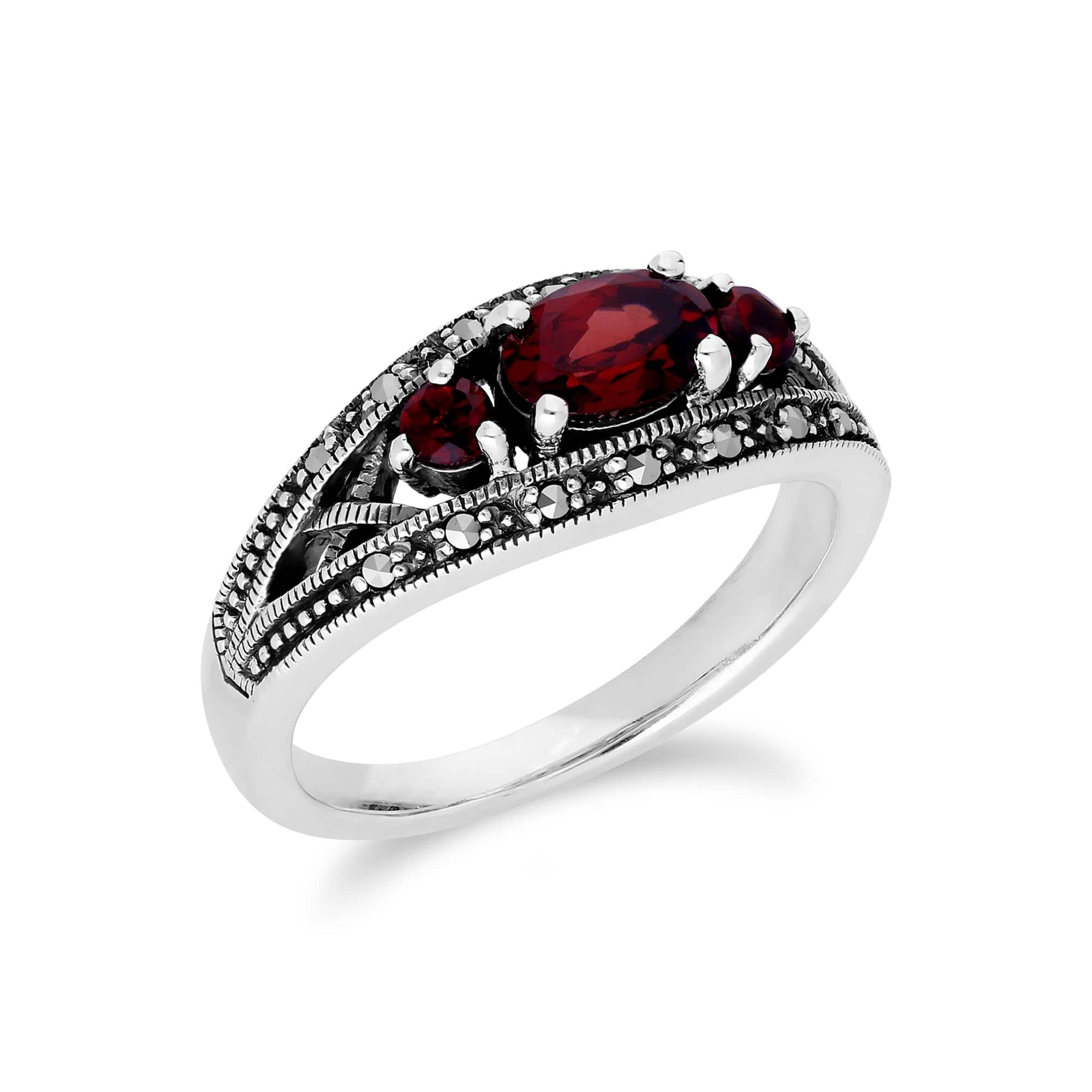 214R424002925 Art Deco Style Oval Garnet & Marcasite Three Stone Ring in 925 Sterling Silver 2