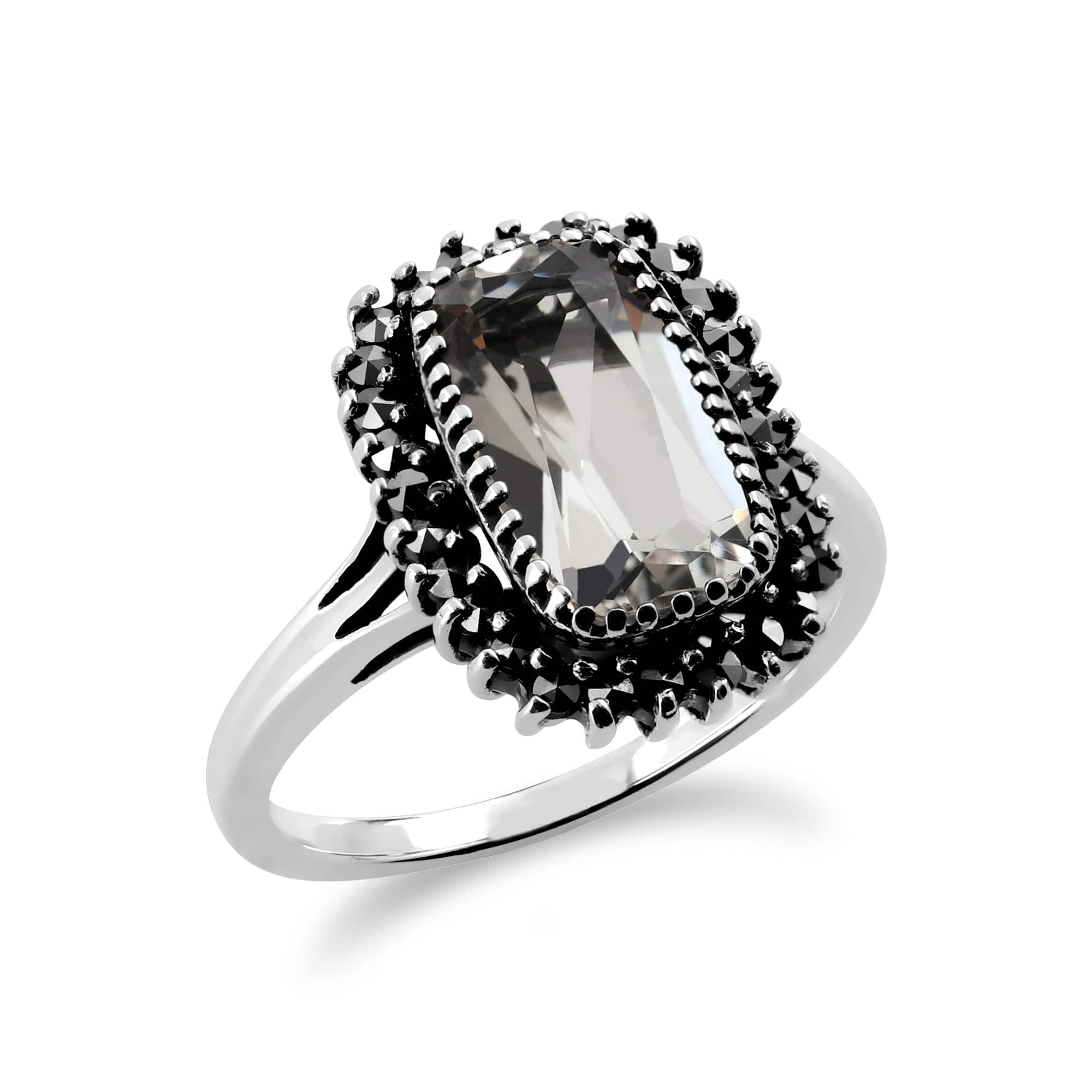 214R456701925 Art Deco Style Rock Crystal & Marcasite Halo Cluster Ring In Silver 4