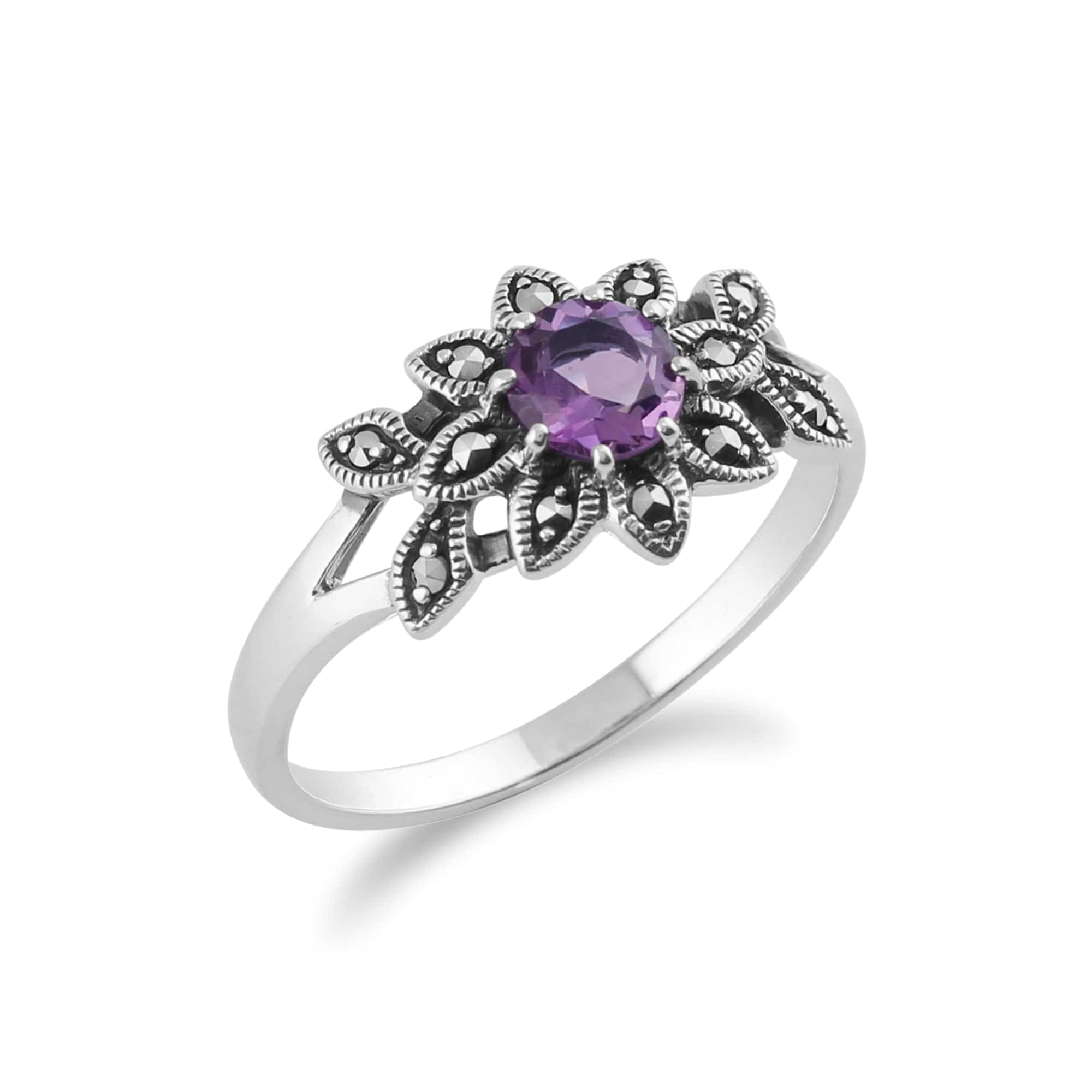 214R467701925 Art Nouveau Style Round Amethyst & Marcasite Floral Ring in 925 Sterling Silver 2