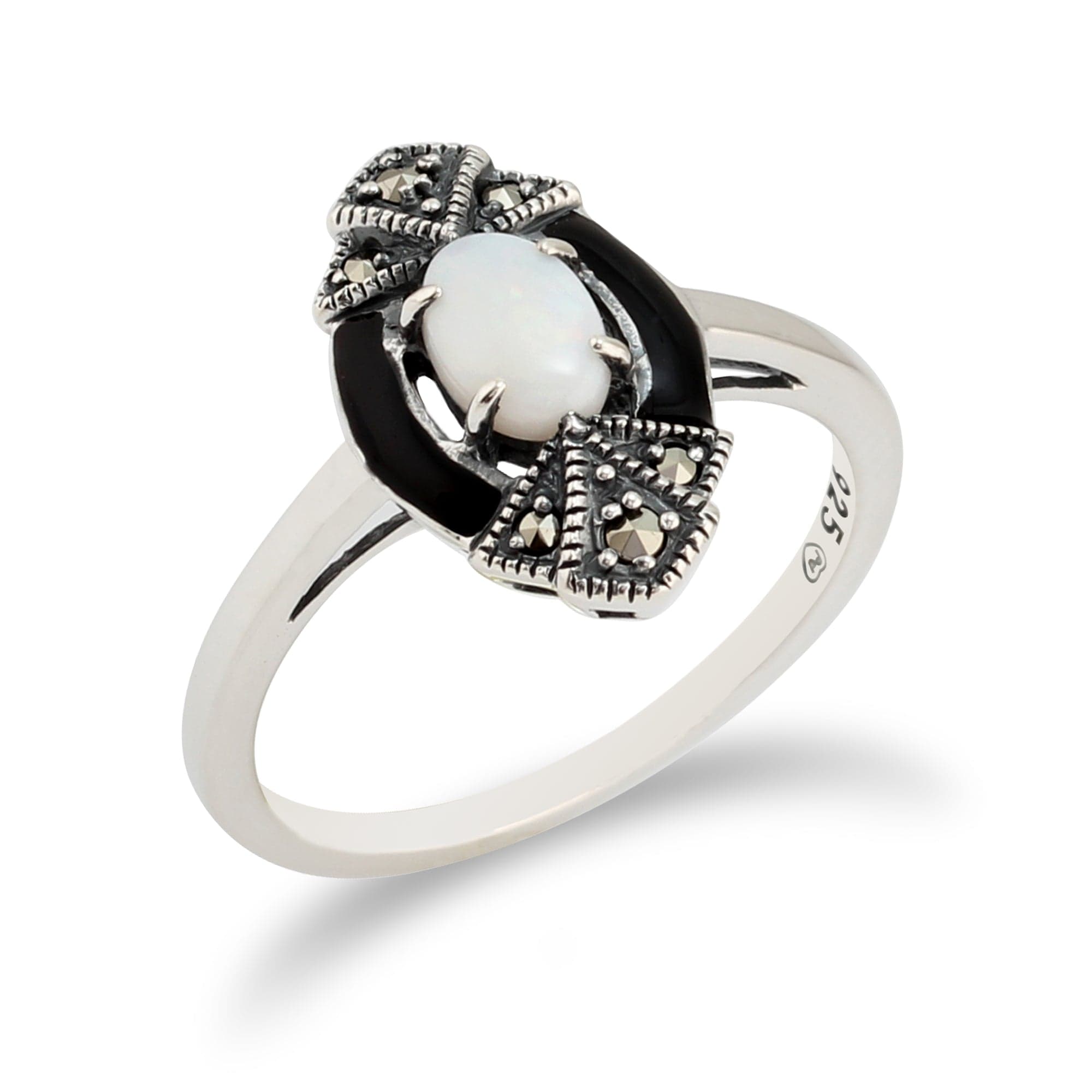 27089 Art Deco Style Oval Opal, Marcasite & Black Enamel Marquise Ring In Sterling Silver 4