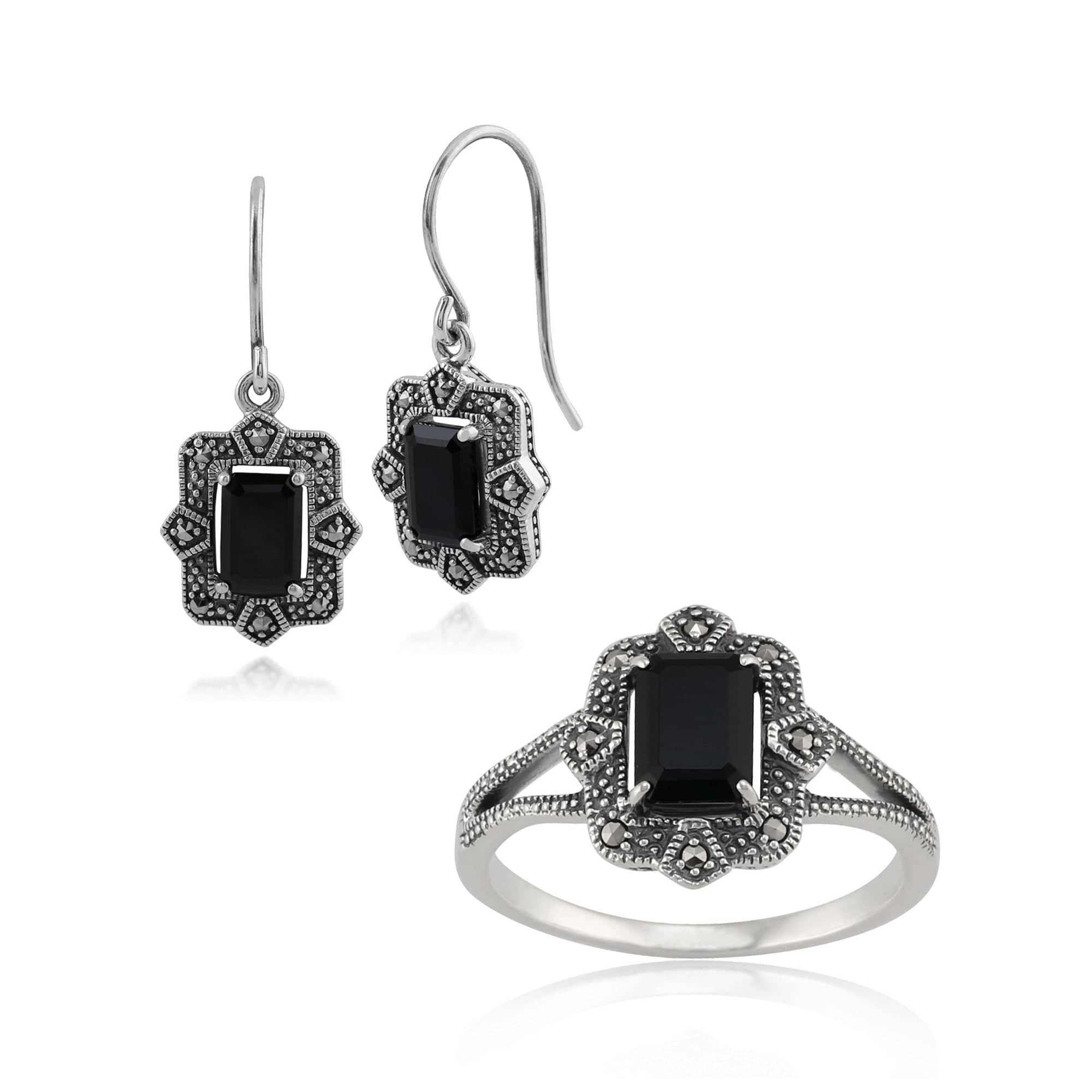 214E850301925-214R479001925 Art Deco Style Black Spinel & Marcasite Earrings & Ring Set In Silver 1