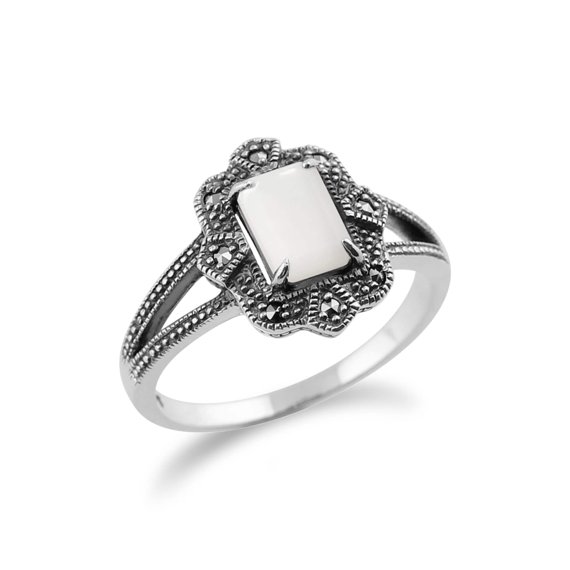 214R479004925 Art Deco Style Baguette Mother of Pearl & Marcasite Ring in 925 Sterling Silver 2