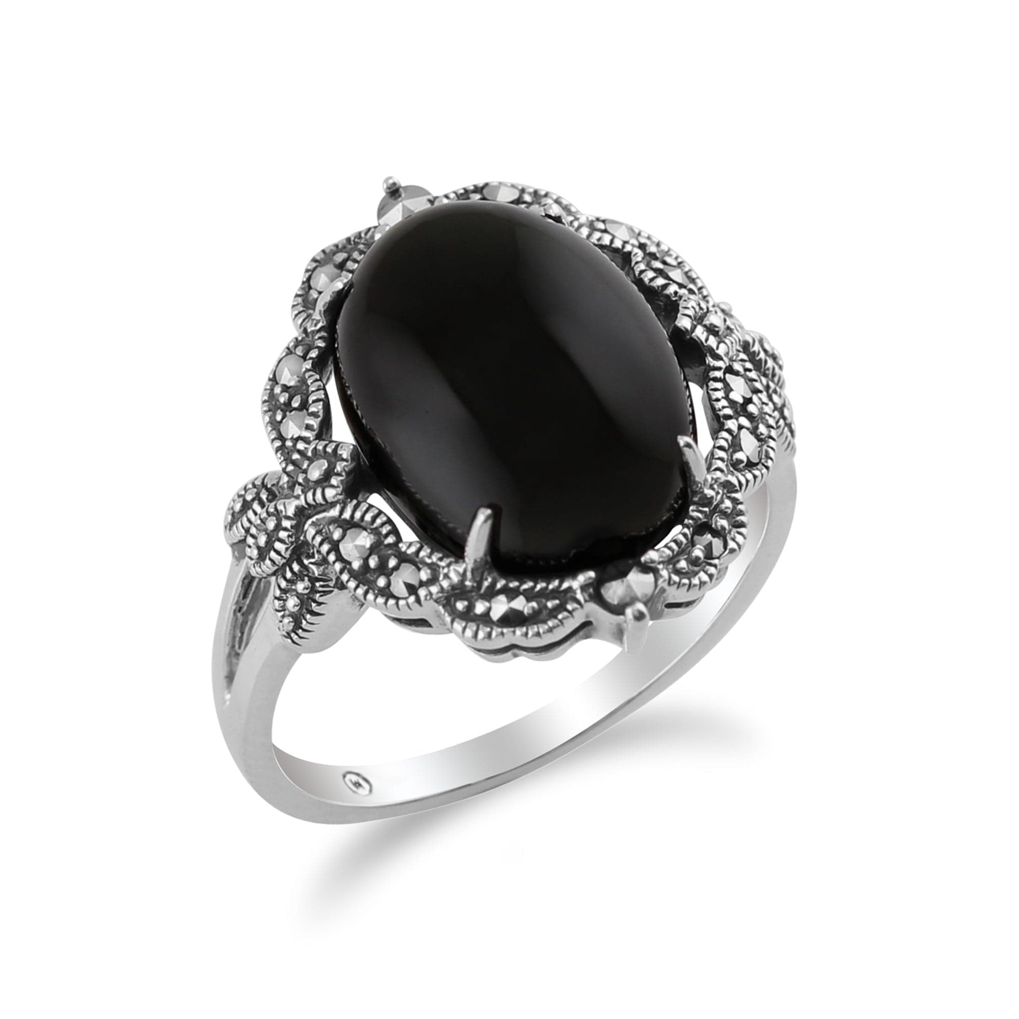 214R479201925 Art Nouveau Style Oval Black Onyx Cabochon & Marcasite Statement Ring in 925 Sterling Silver 2