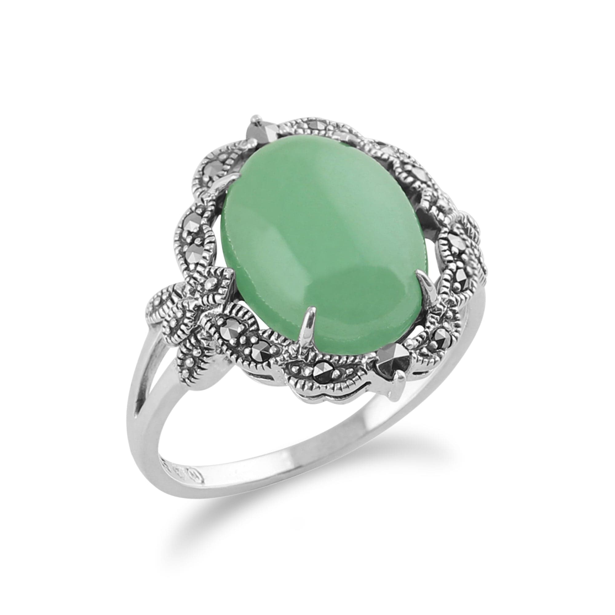 214R479208925 Art Nouveau Style Green Jade Cabochon & Marcasite Statement Ring in 925  Silver 2