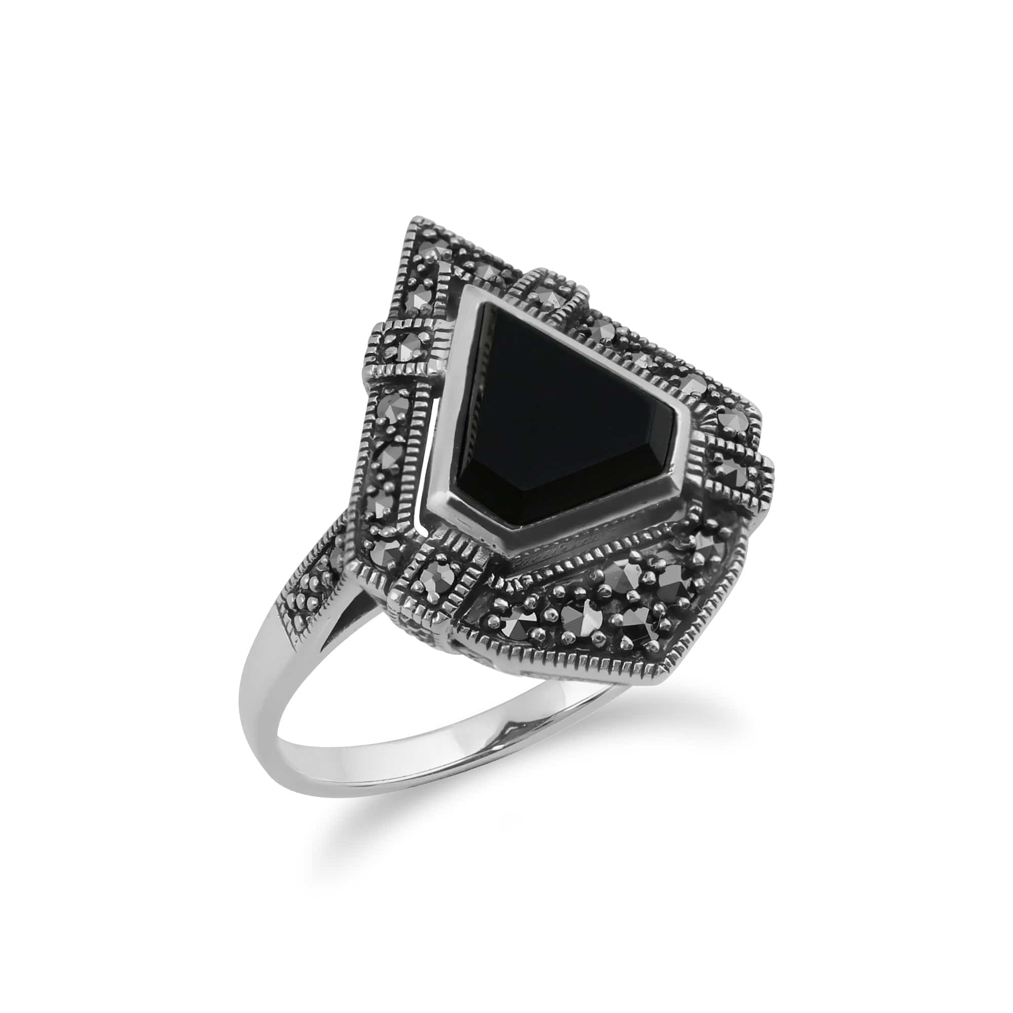 214R479302925 Art Deco Style Triangle Black Onyx & Marcasite Statement Ring in 925 Sterling Silver 2