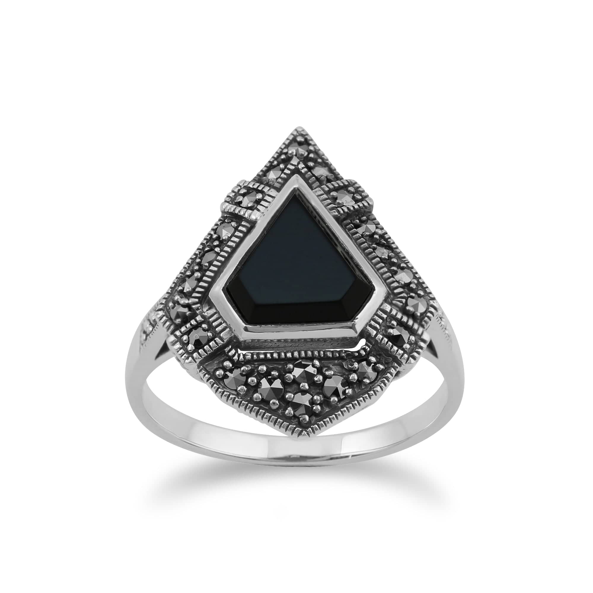 Art Deco Style Triangle Black Onyx Marcasite Statement Ring in 925 Sterling Silver