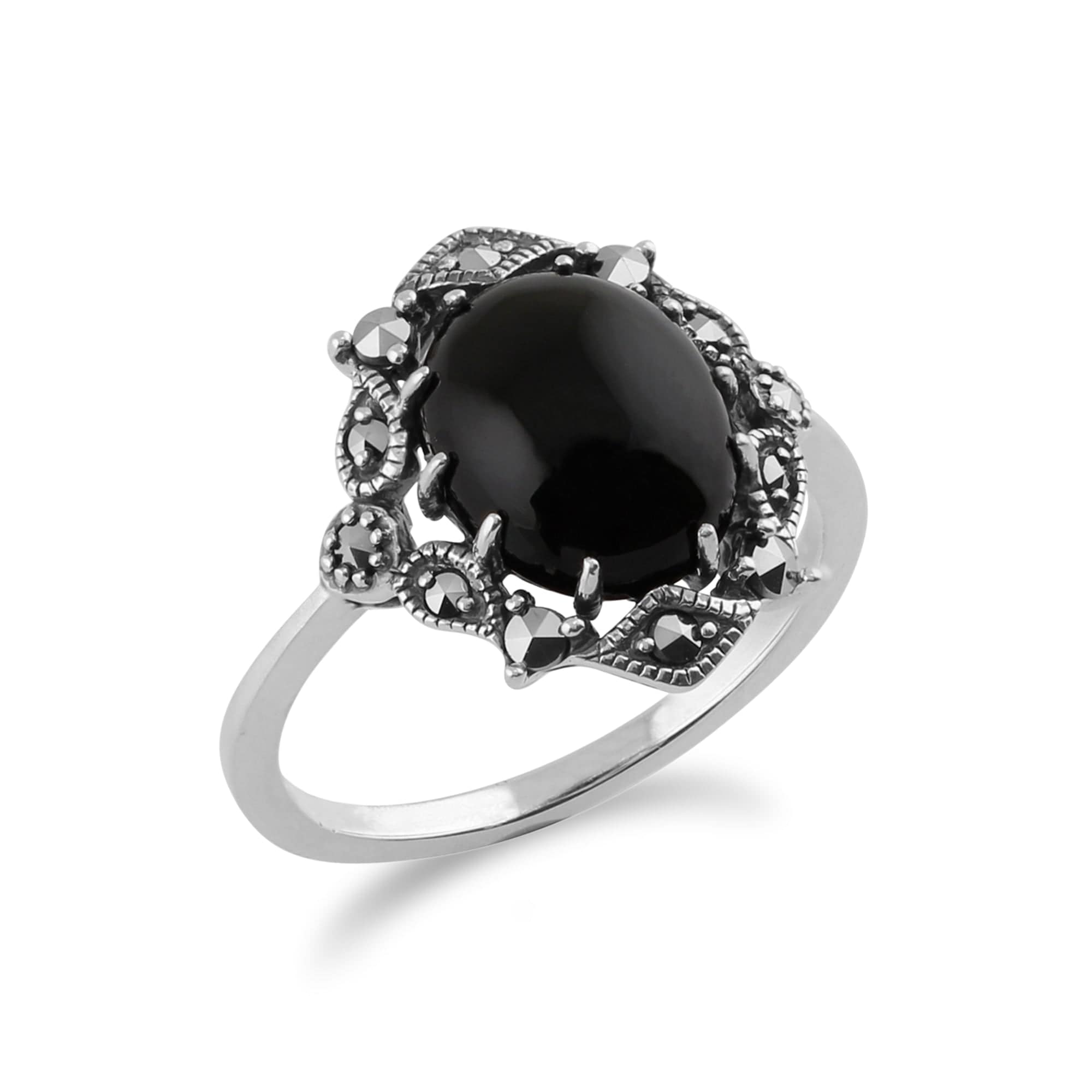 214R480001925 Art Nouveau Style Statement Ring Oval Black Onyx Cabochon & Marcasite 925 Sterling Silver 2