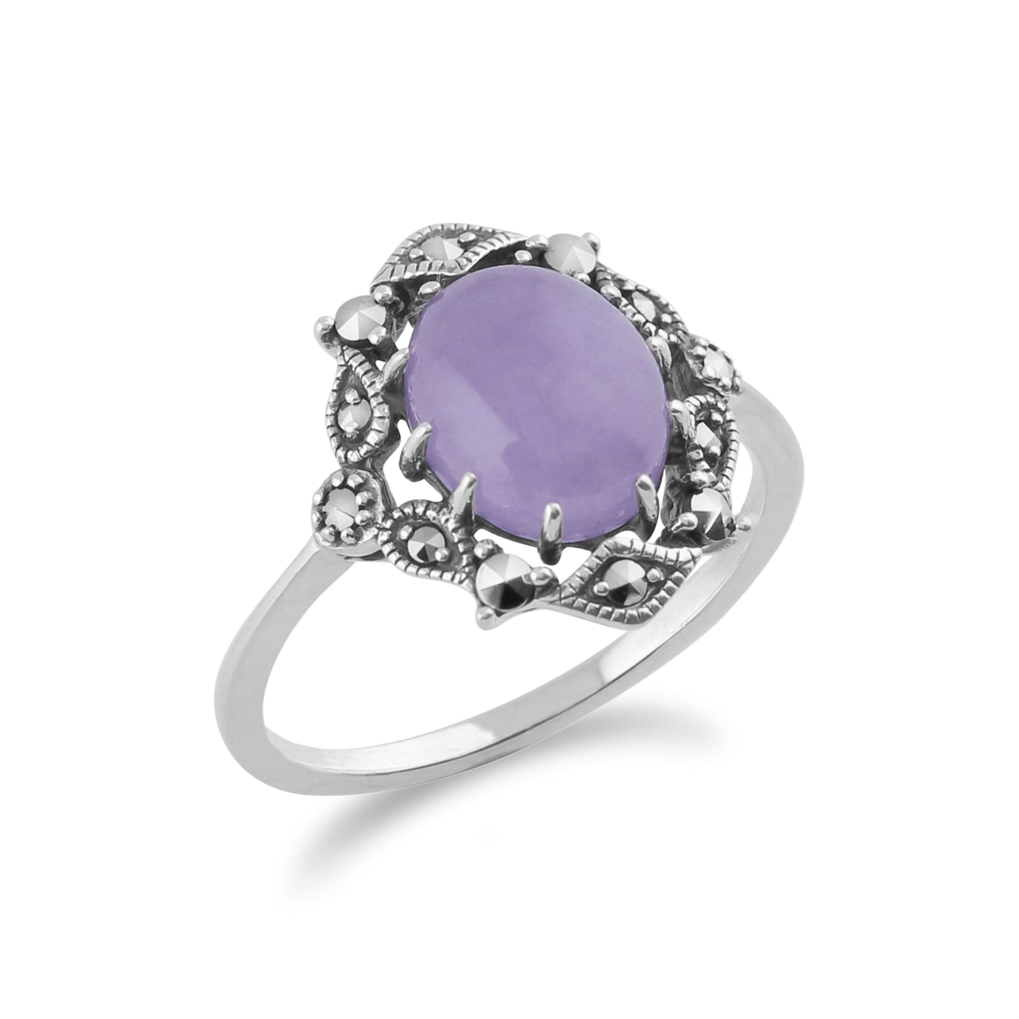 214R480008925 Art Nouveau Style Oval Lavender Jade Cabochon & Marcasite Statement Ring in 925 Sterling Silver 2