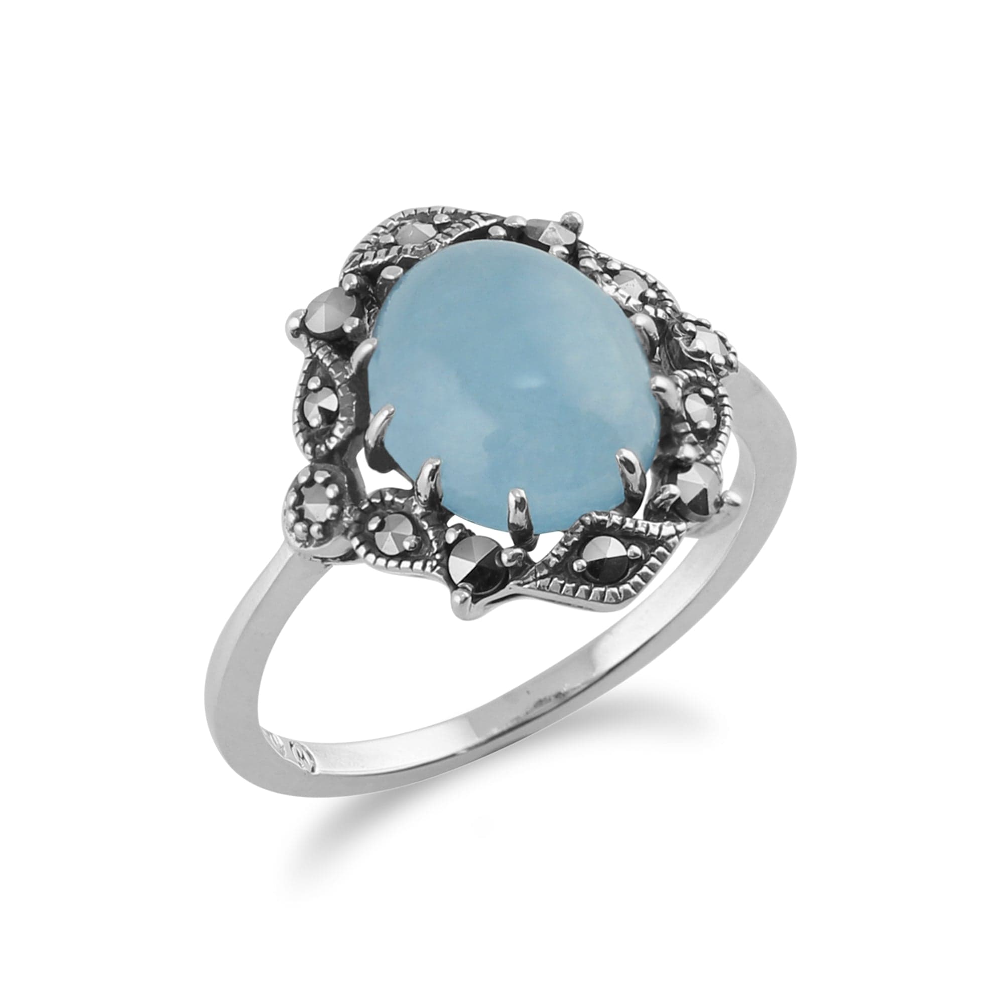 214R480009925 Art Nouveau Style Oval Blue Jade Cabochon & Marcasite Statement Ring in 925 Sterling Silver 2