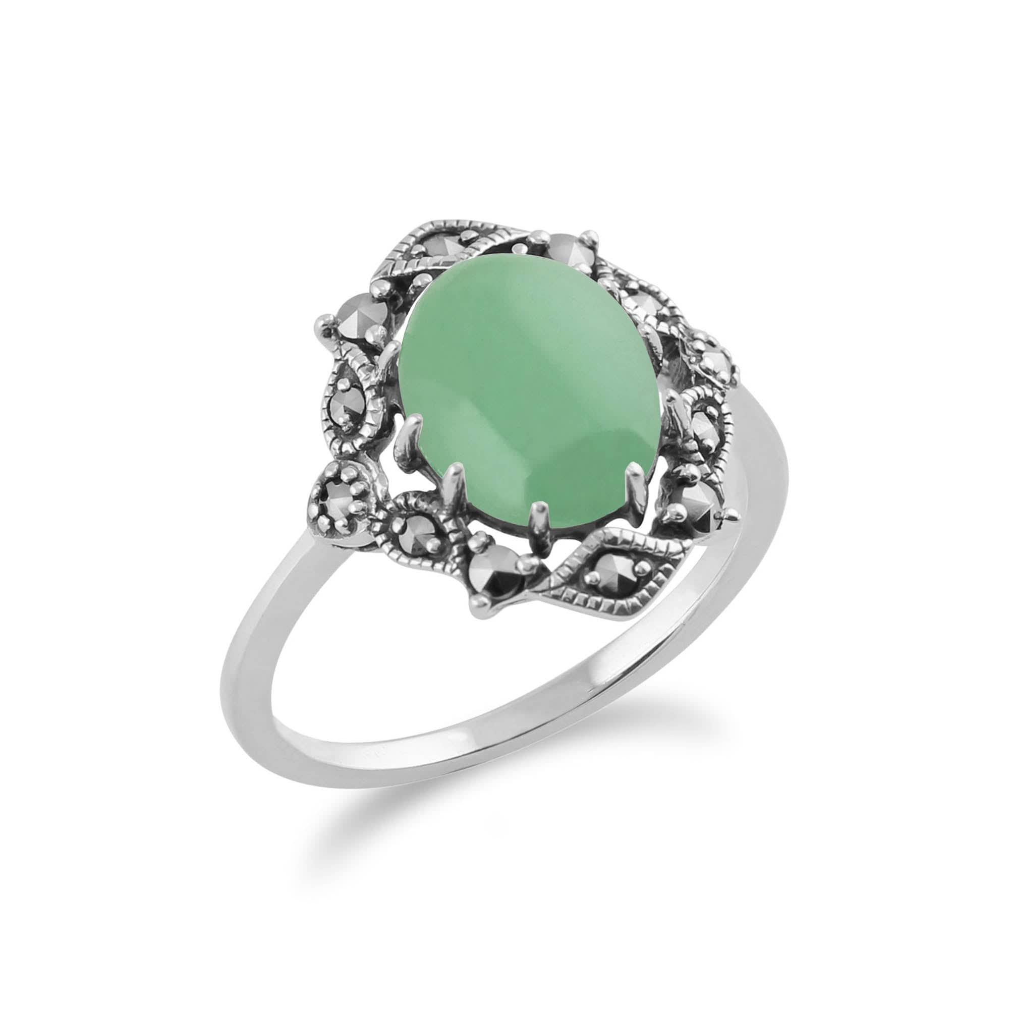 214R480010925 Art Nouveau Style Oval Green Jade Cabochon & Marcasite Statement Ring 2