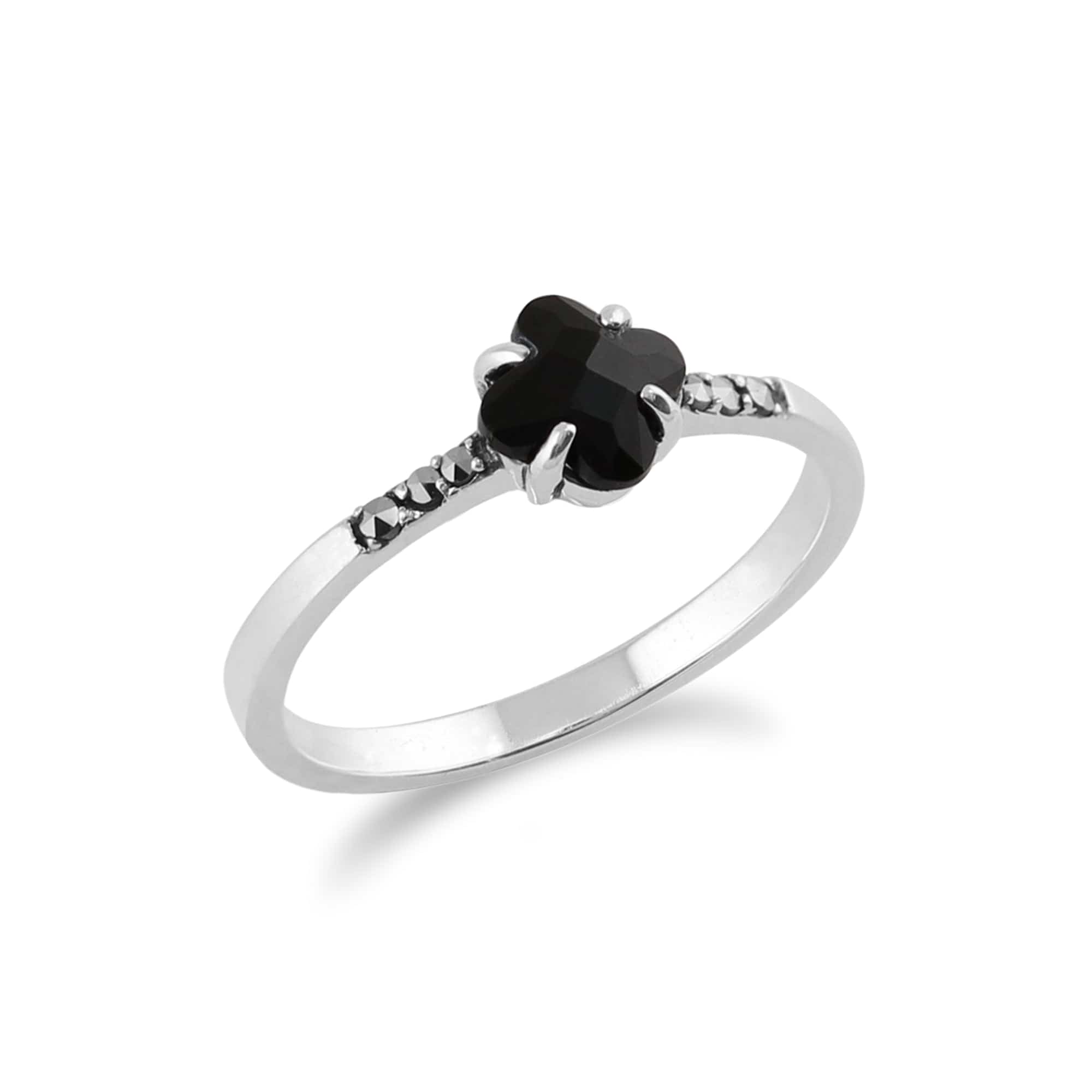 214R485201925 Floral Square Black Onyx & Marcasite Ring in 925 Sterling Silver 2