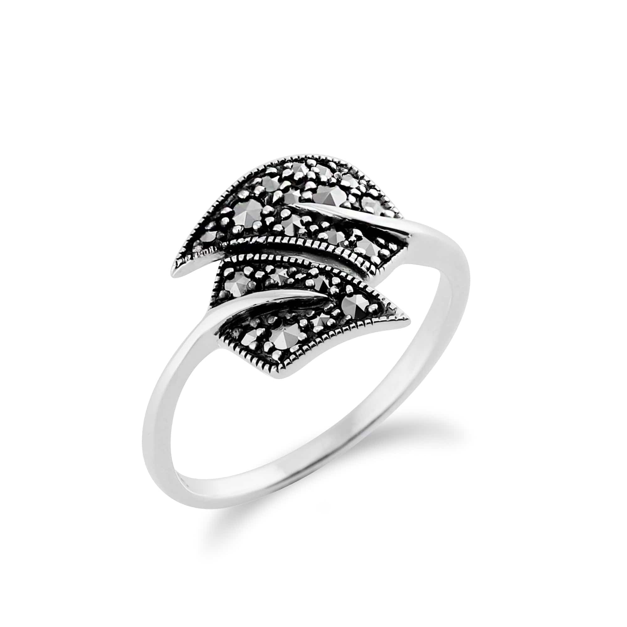 214R503601925 Art Nouveau Style Round Marcasite Leaf Wrap Ring in 925 Sterling Silver 2