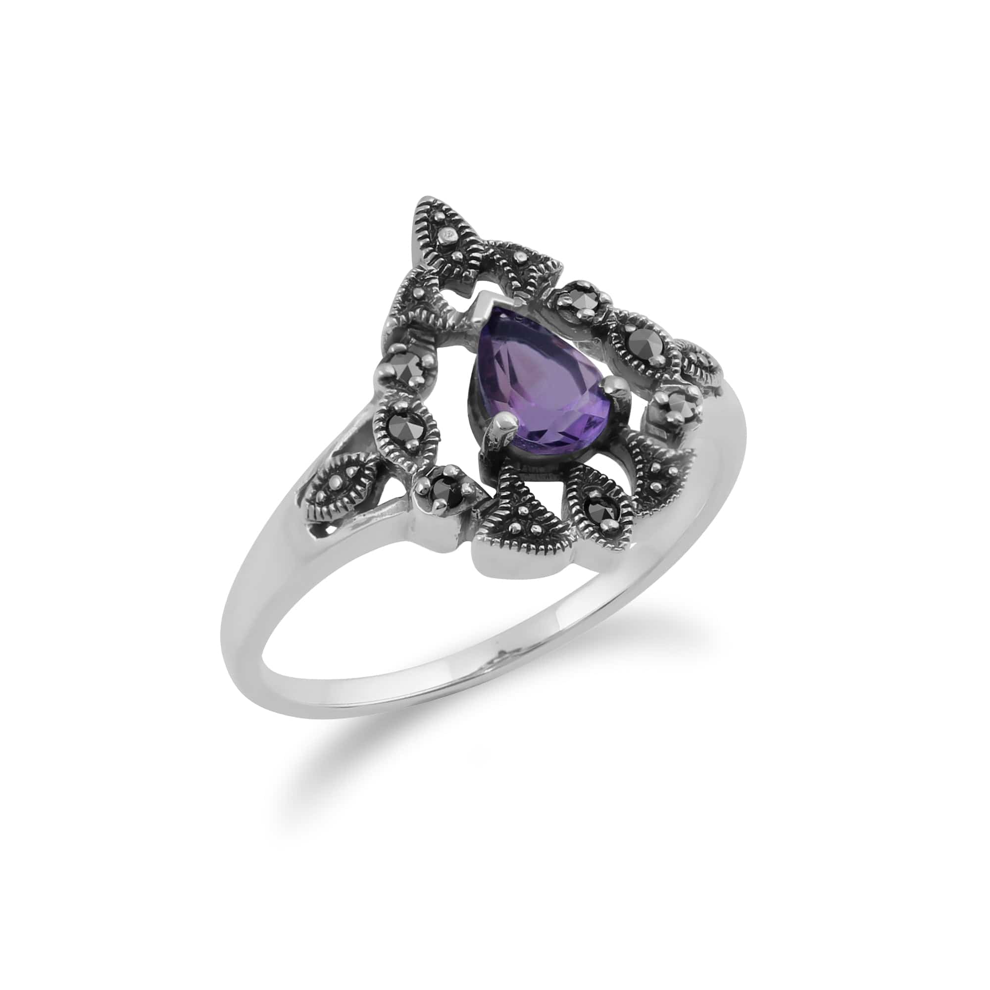 214R507802925 Art Nouveau Style Pear Amethyst & Marcasite Statement Ring in 925 Sterling Silver 2