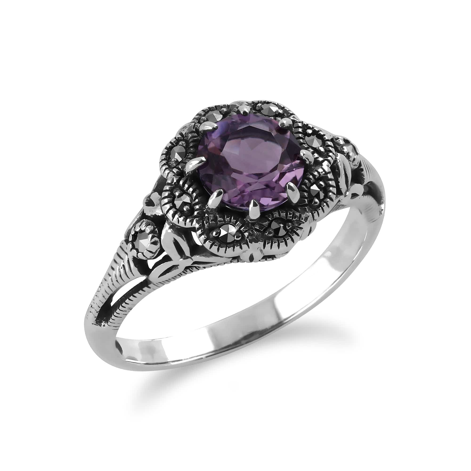 214R524702925 Art Nouveau Style Round Amethyst & Marcasite Floral Ring in Sterling Silver 2