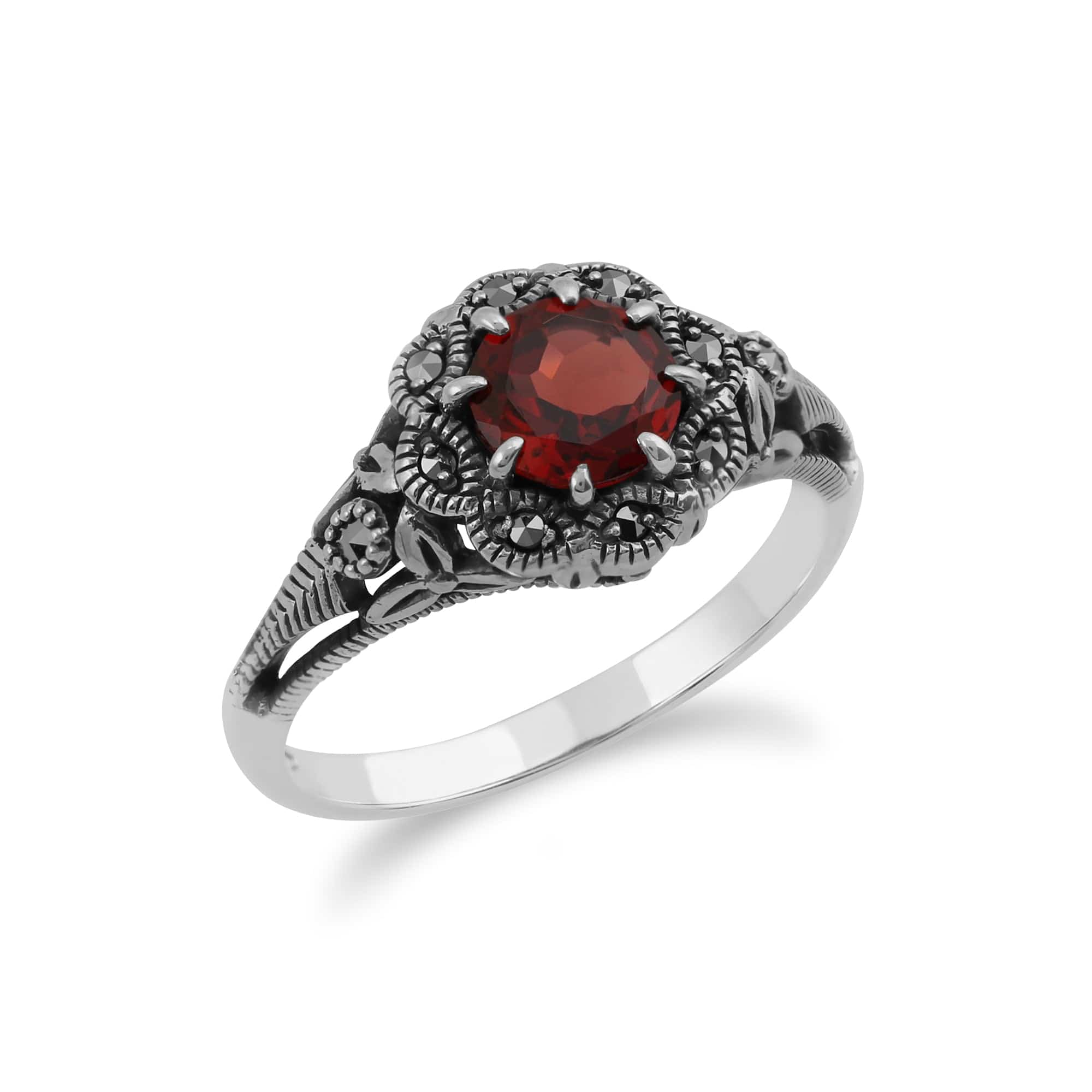 214R524705925 Art Nouveau Style Round Garnet & Marcasite Floral Ring in Sterling Silver 2