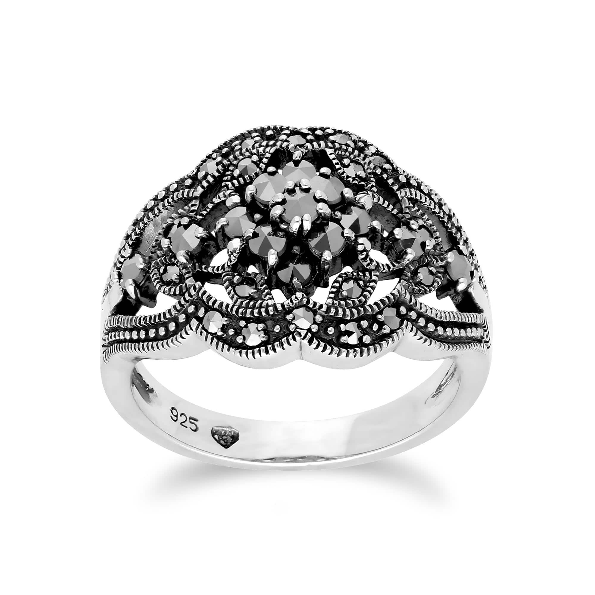 214R568501925 Art Nouveau Style Round Marcasite Cluster Ring in 925 Sterling Silver 1