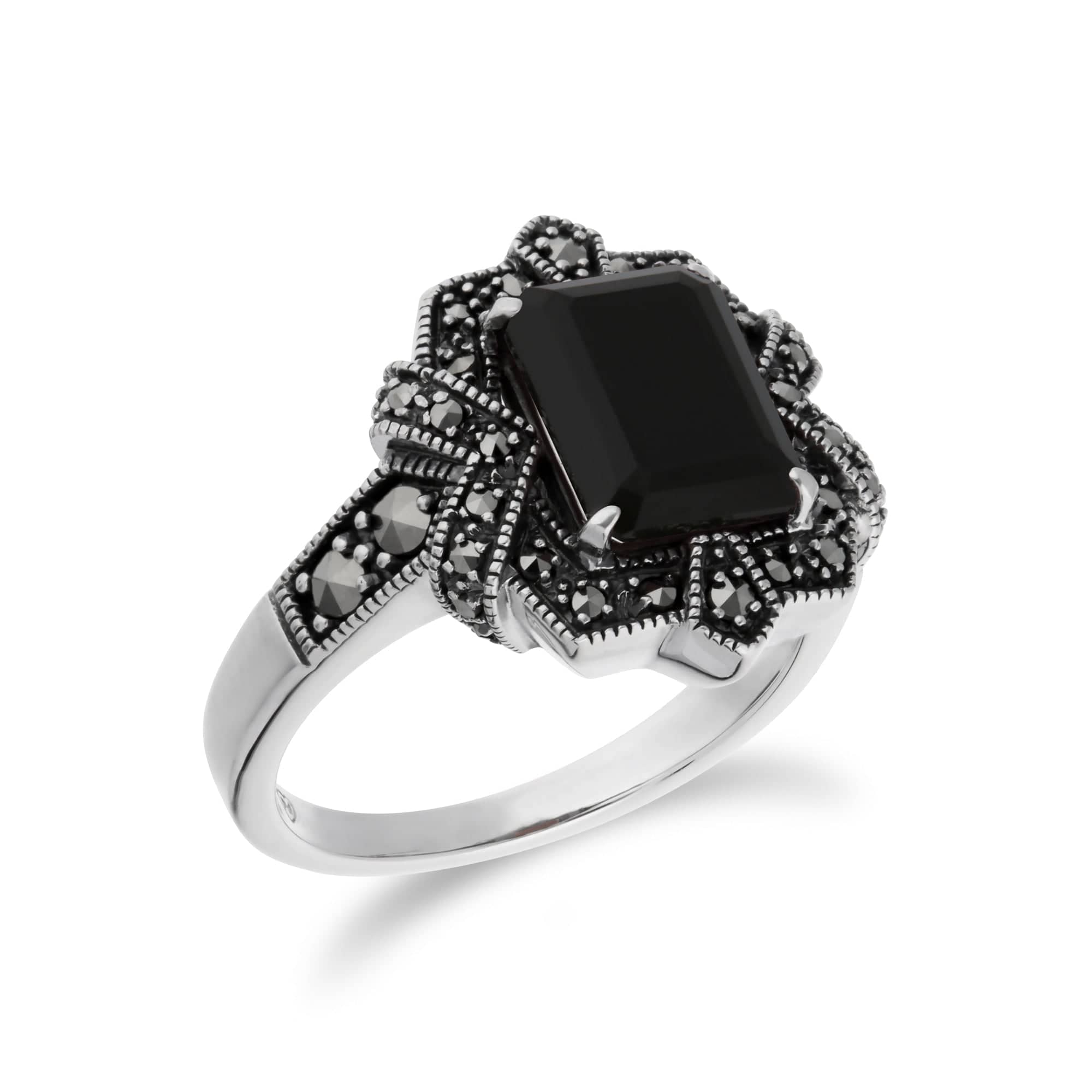 214R570807925 Art Deco Style Baguette Black Onyx & Marcasite Ring in 925 Sterling Silver 2