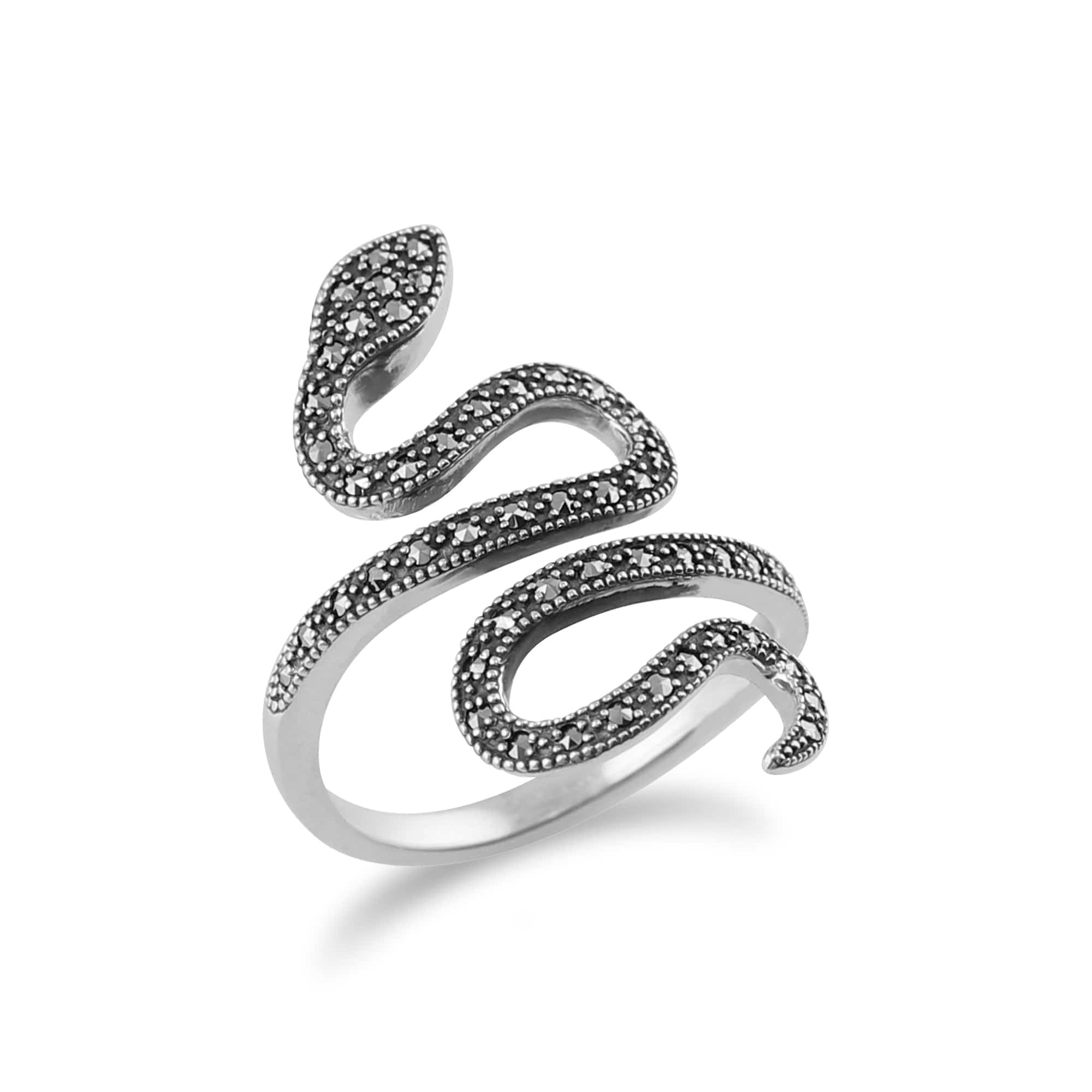 214R579201925 Art Nouveau Style Round Marcasite Silver Snake Boho Ring 2