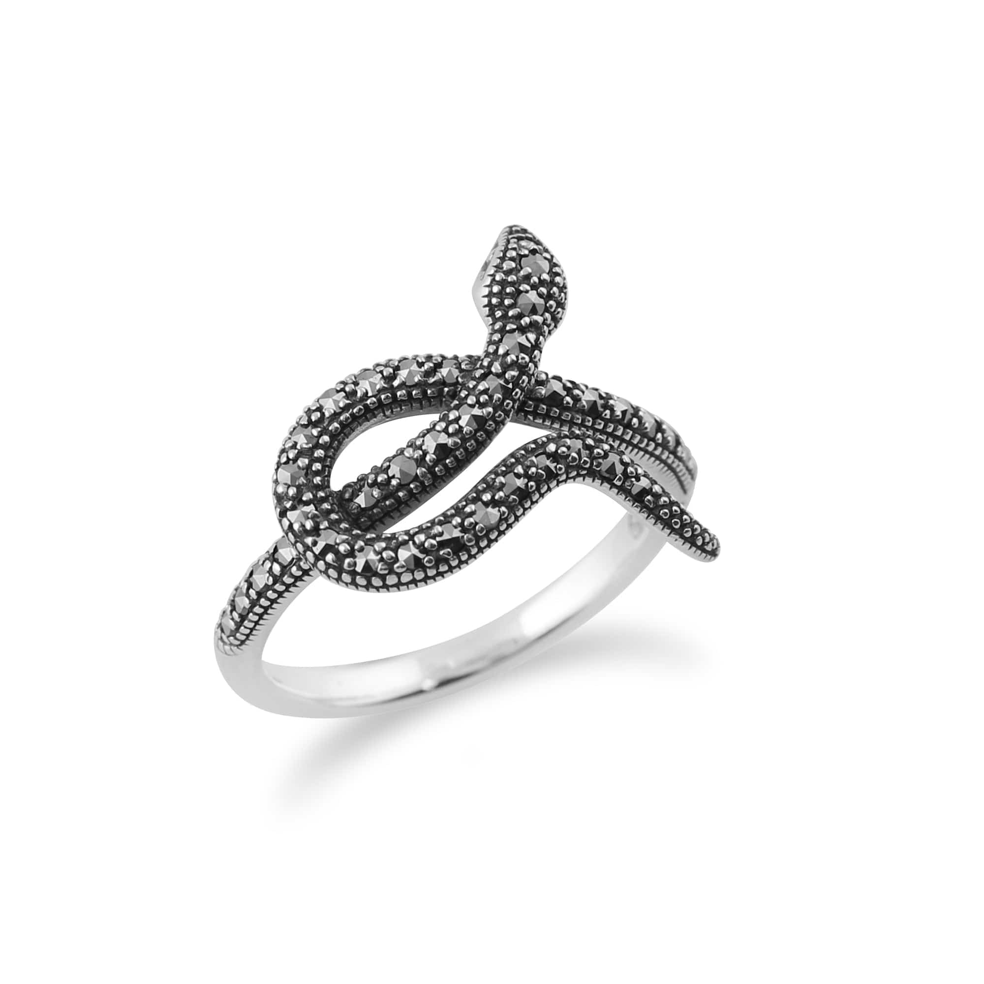 214R580301925 Art Nouveau Style Round Marcasite Snake Wrap Ring in 925 Sterling Silver 2