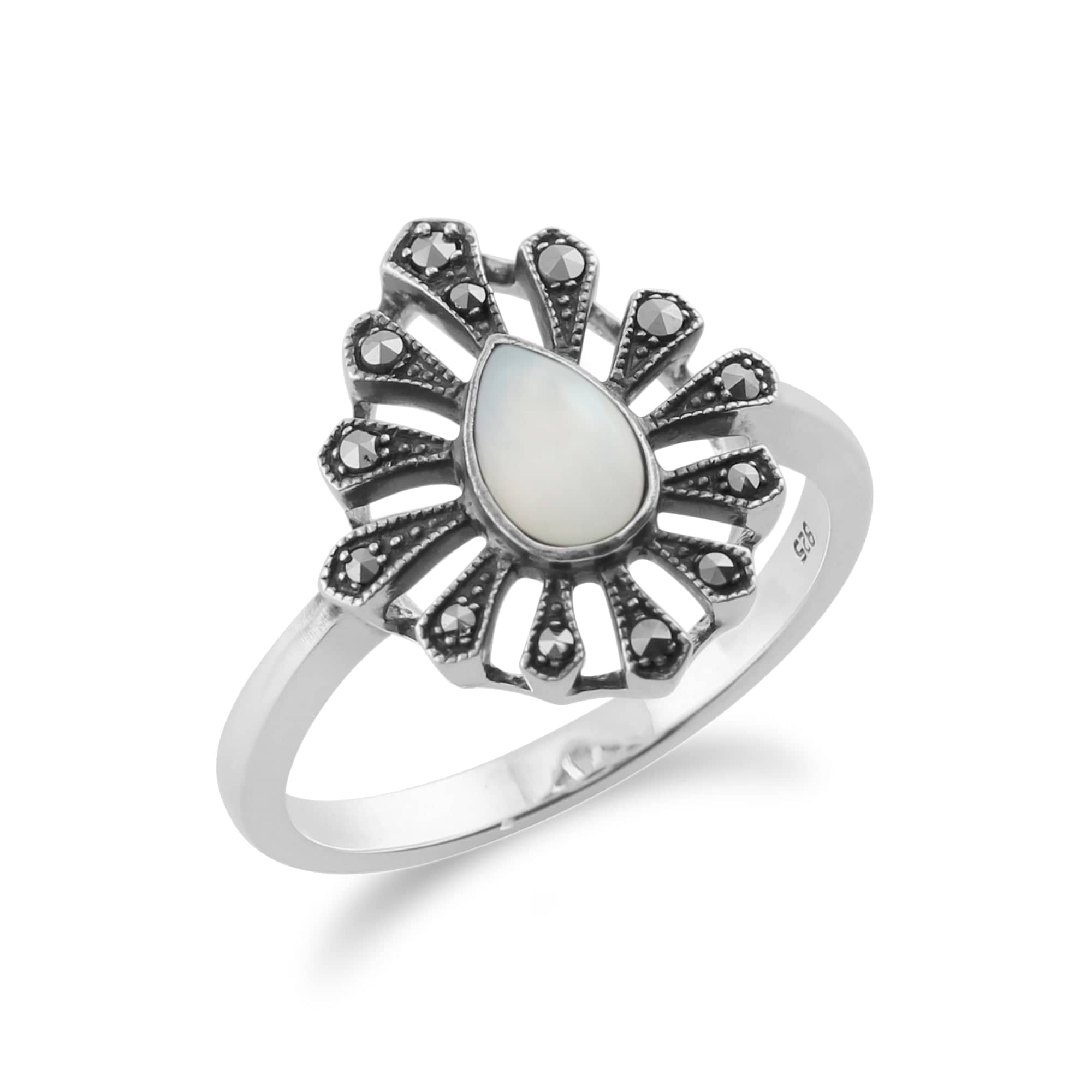 Gemondo 925 Sterling Silver 0.20ct Mother of Pearl & Marcasite Art Deco Ring Image 2