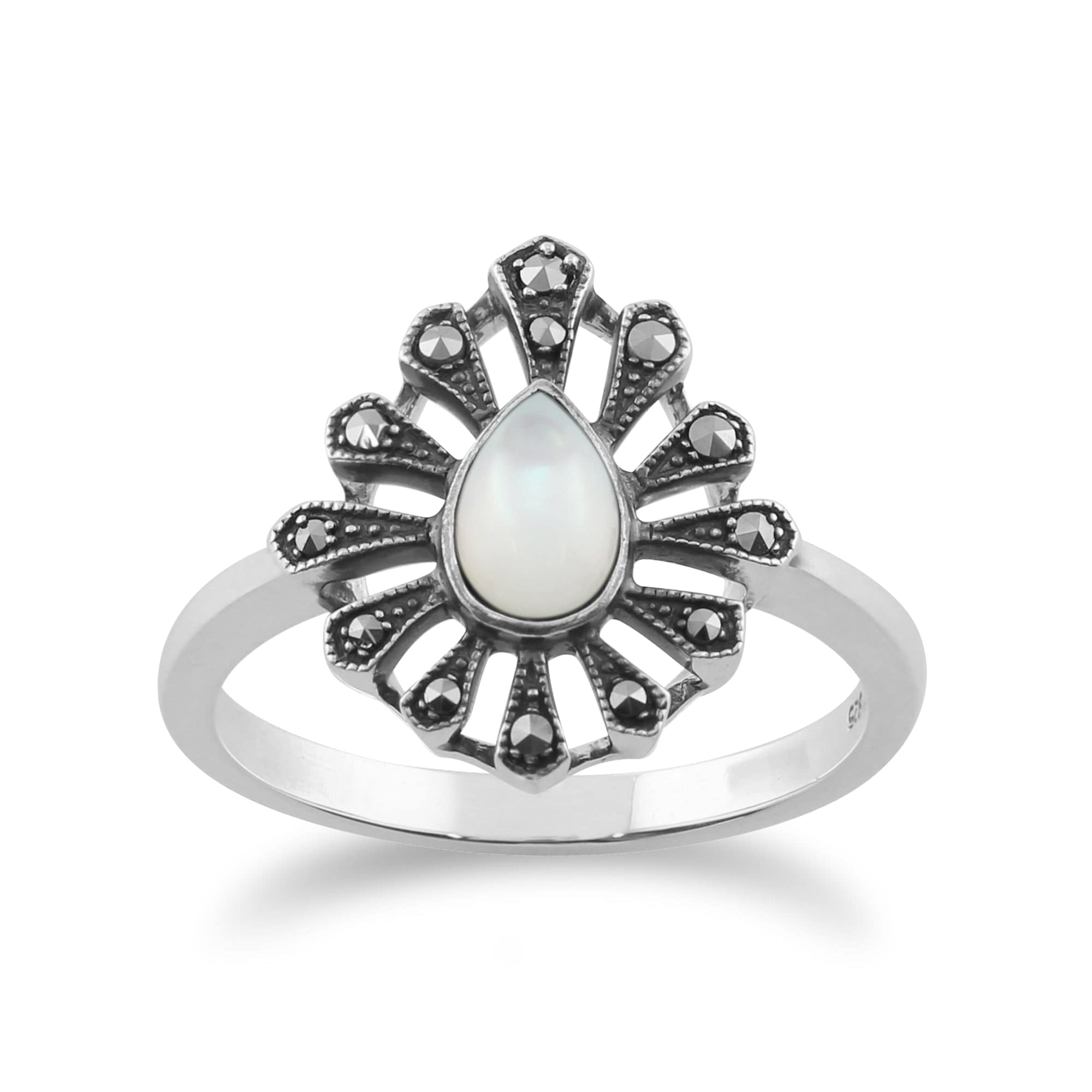 Gemondo 925 Sterling Silver 0.20ct Mother of Pearl & Marcasite Art Deco Ring Image 1