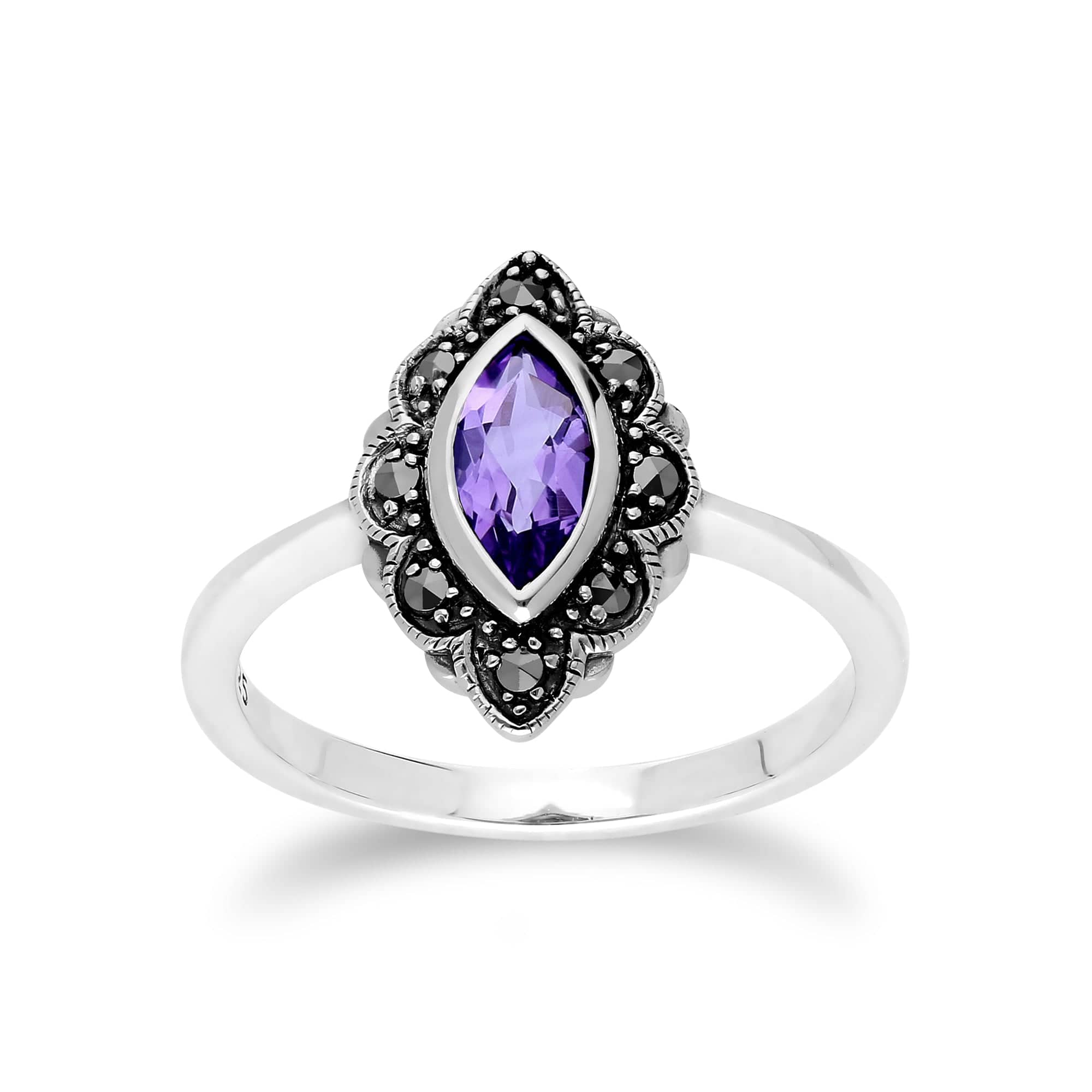 214R597201925 Art Nouveau Marquise Amethyst & Marcasite Leaf Ring in 925 Sterling Silver 1