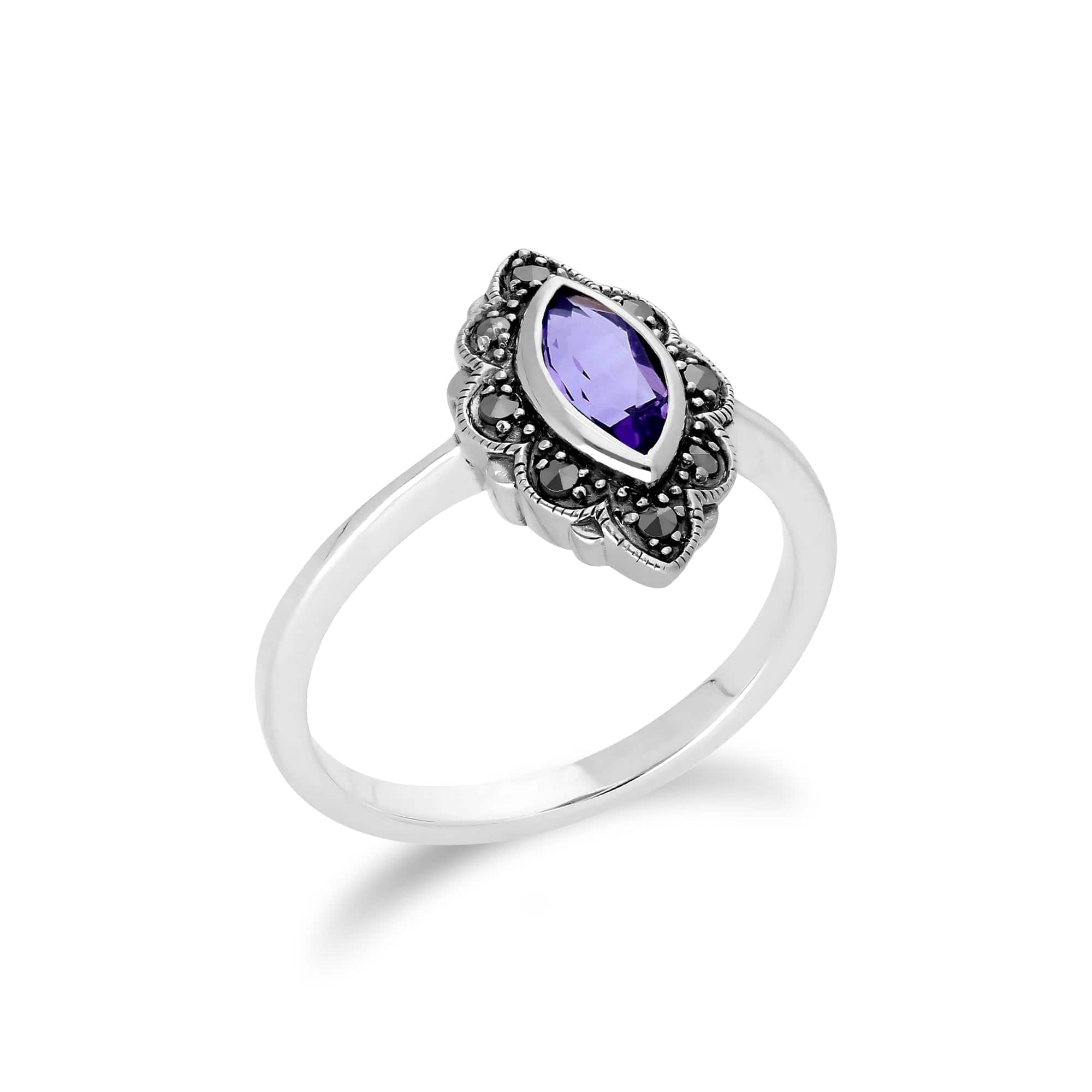 214R597201925 Art Nouveau Marquise Amethyst & Marcasite Leaf Ring in 925 Sterling Silver 2