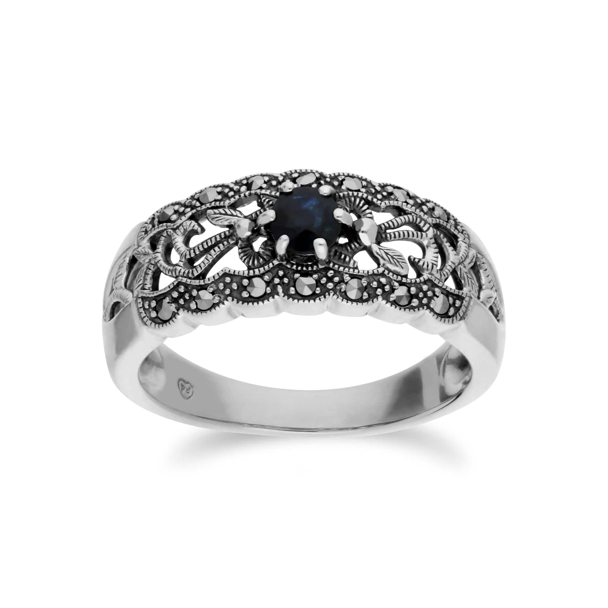 214R597704925 Art Nouveau Style Round Sapphire & Marcasite Floral Band Ring in Sterling Silver 1