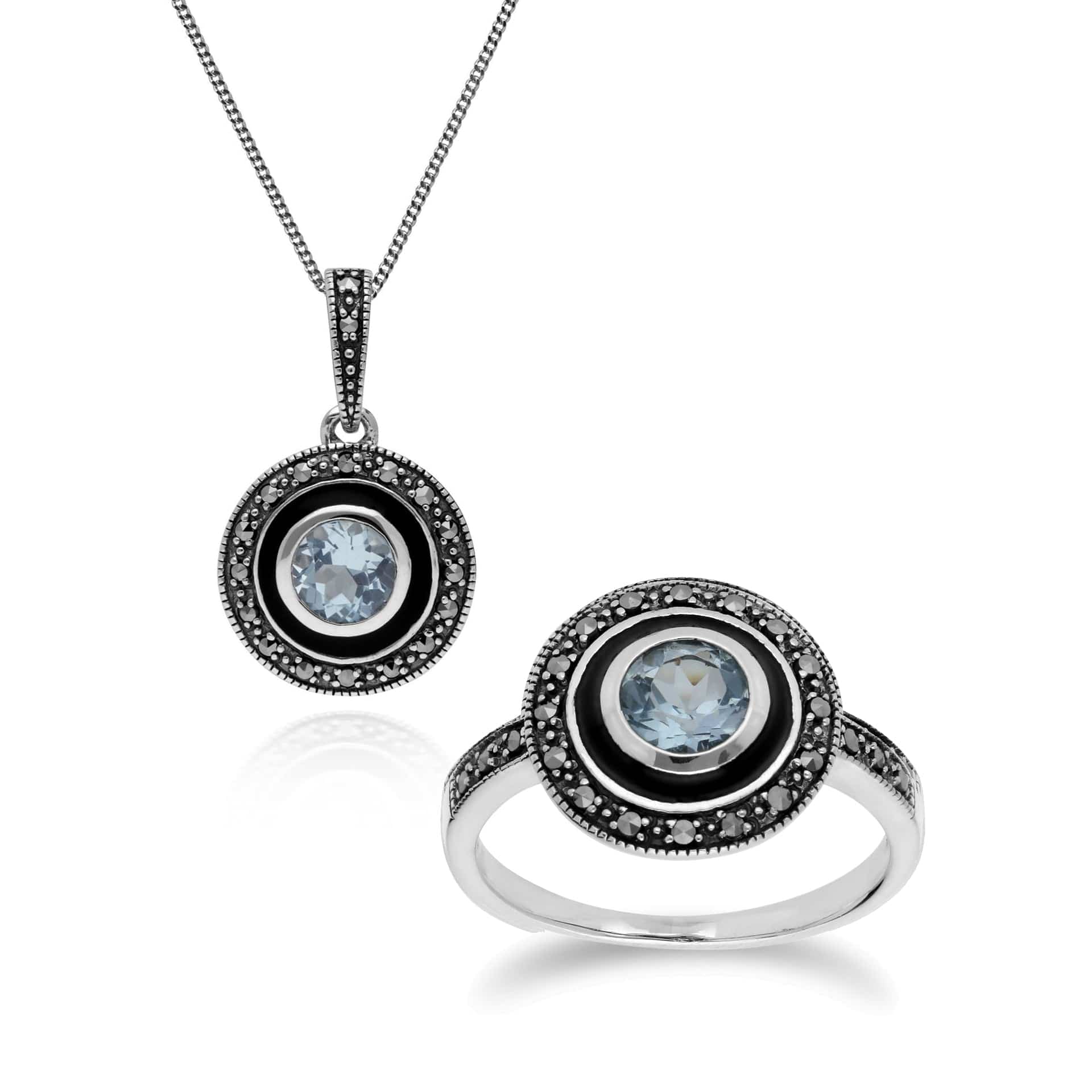 214P301301925-214R599601925 Art Deco Style Round Blue Topaz, Marcasite & Black Enamel Pendant & Ring Set in 925 Sterling Silver 1