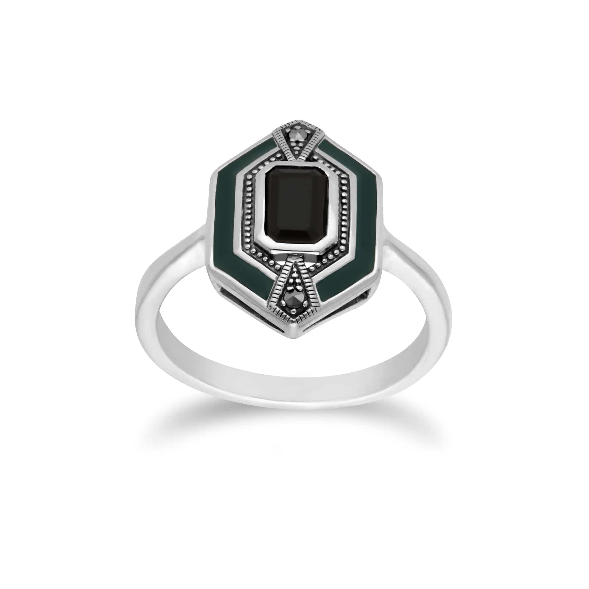 214P303401925-214R602604925 Art Deco Style Black Onyx, Marcasite & Green Enamel Hexagon Ring & Pendant Set in 925 Sterling Silver 3