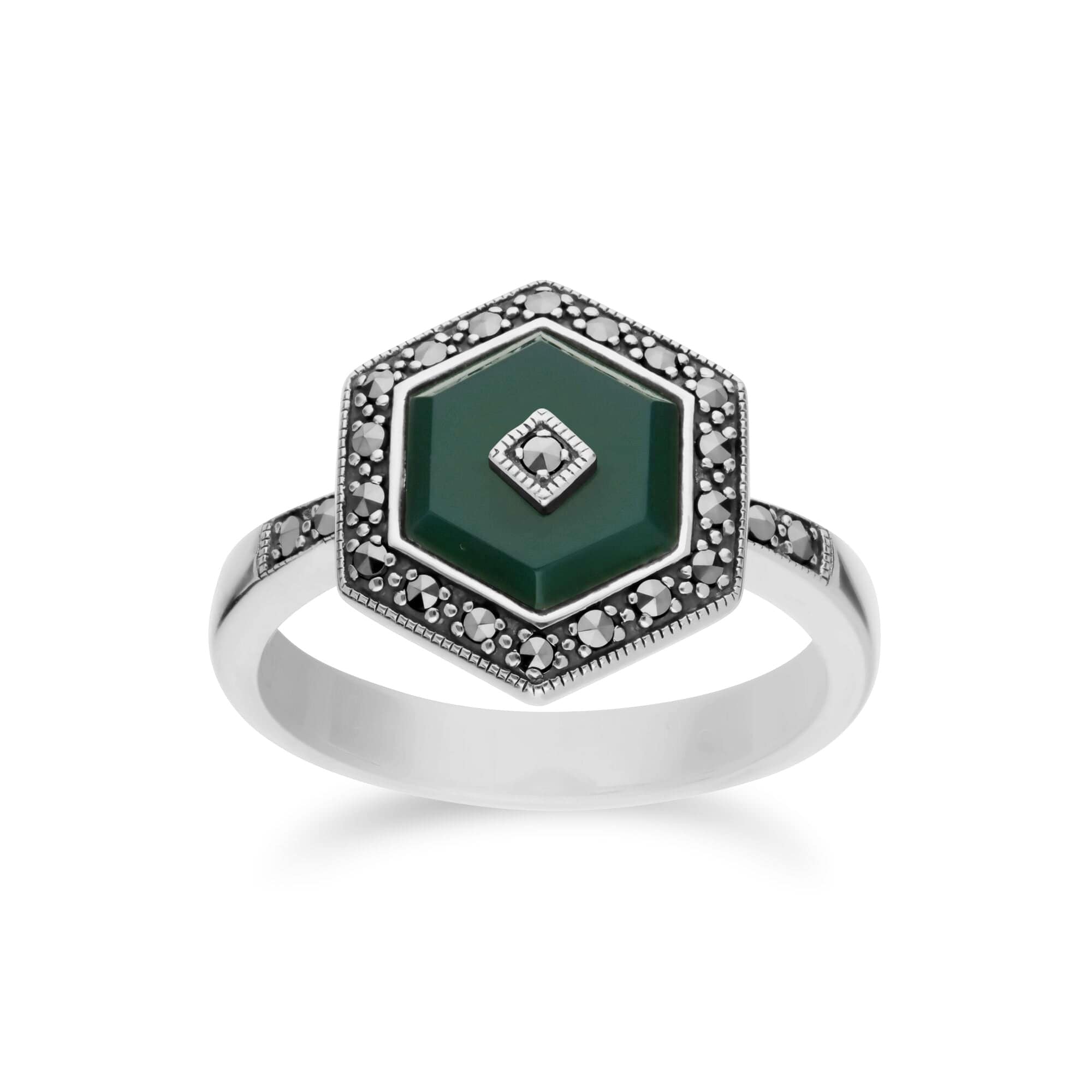 214R605801925 Art Deco Style Green Chalcedony & Marcasite Hexagon Ring in 925 Sterling Silver 1